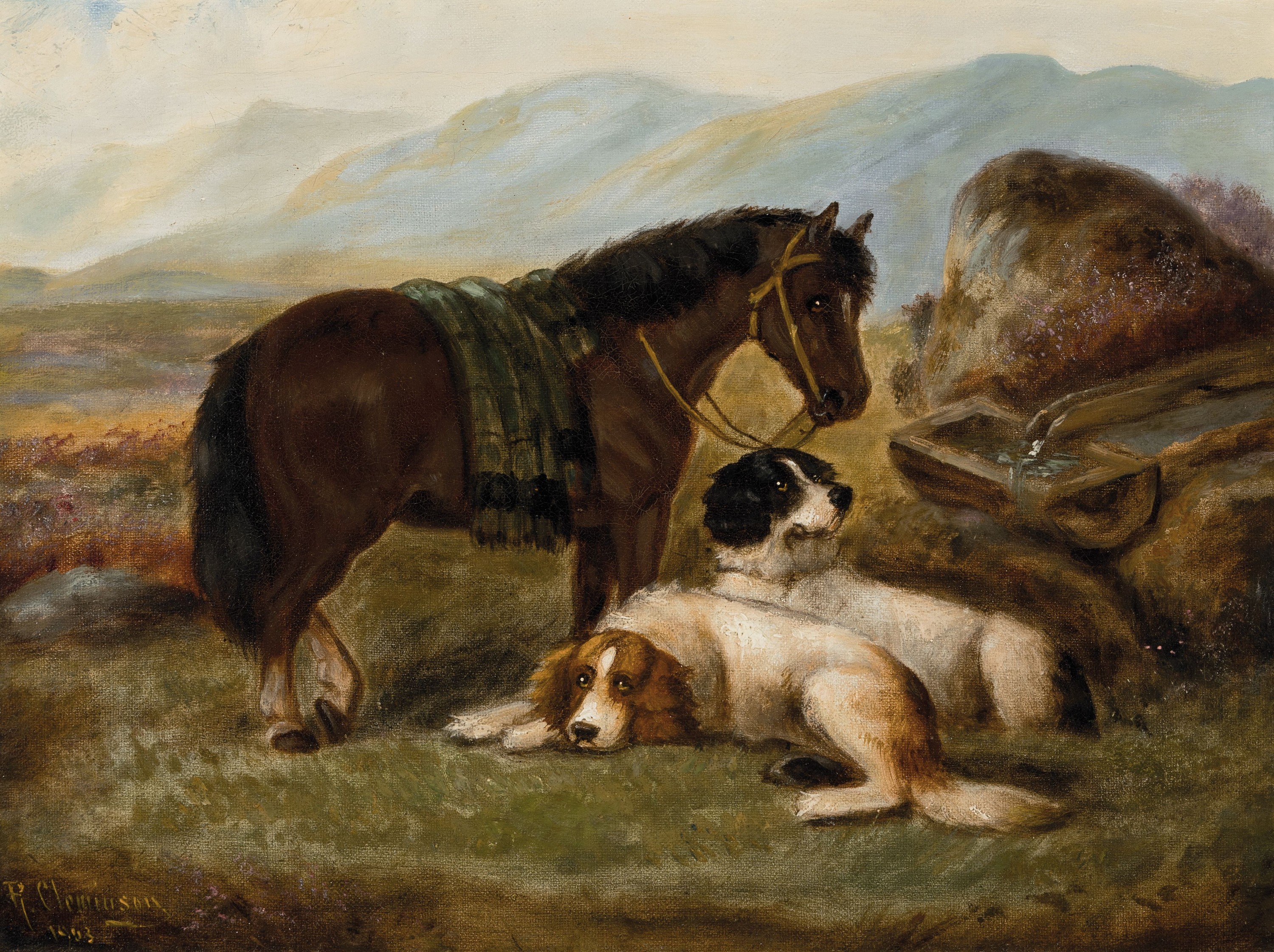 Robert Cleminson, erw. zw. 1864 und 1903, zwei Hunde und ein Pony in weiter Landschaft, Öl/Lwd, links unten signiert und dat. 1903, ca. 31x41cm, R. ...