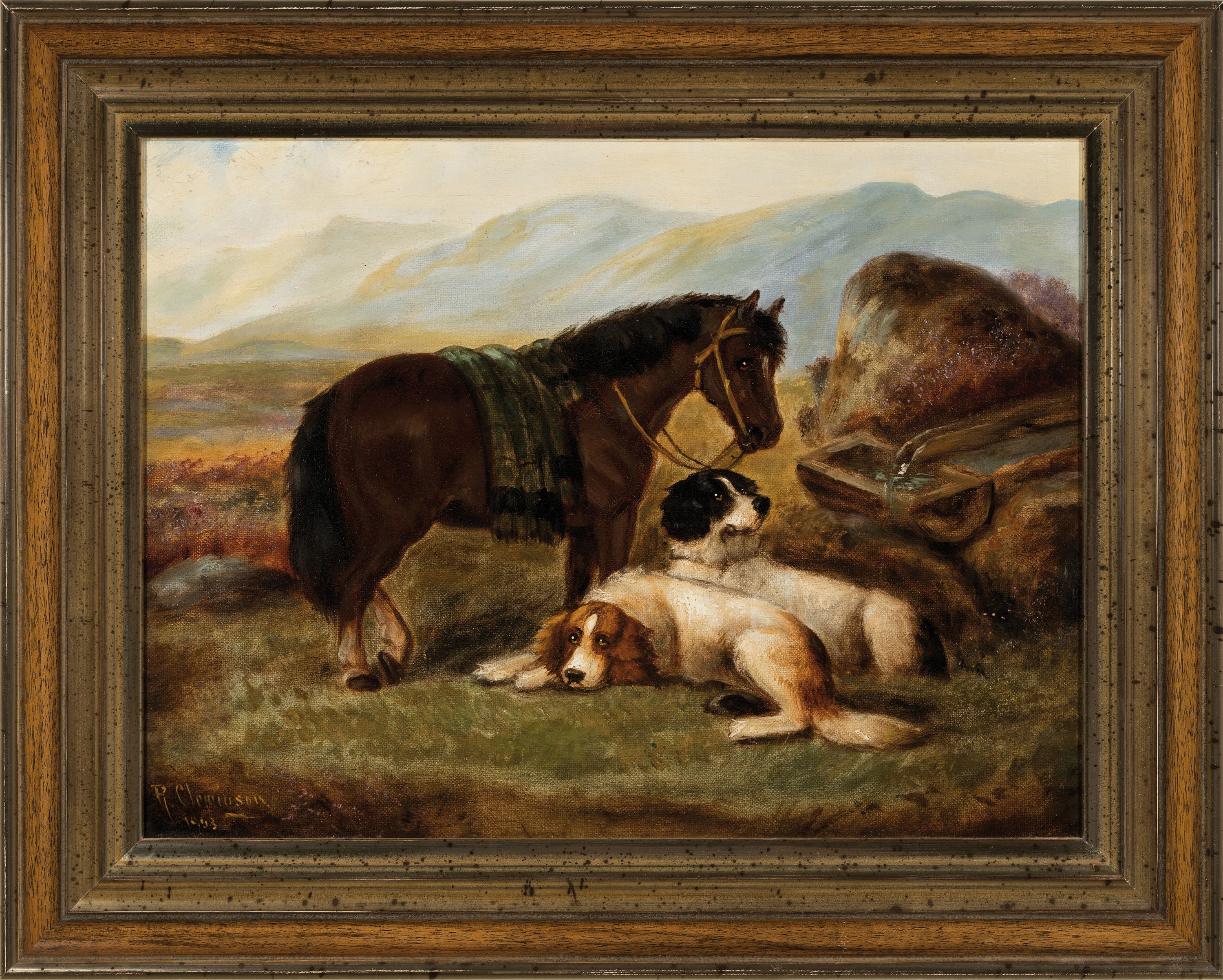 Detail k: Robert Cleminson, erw. zw. 1864 und 1903, zwei Hunde und ein Pony in weiter Landschaft, Öl/Lwd, links unten signiert und dat. 1903, ca. 31x41cm, R. ...