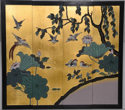 Image 4-part mural, China, 20th century, lacquer, richly gilded, decoration of water lilies, ...