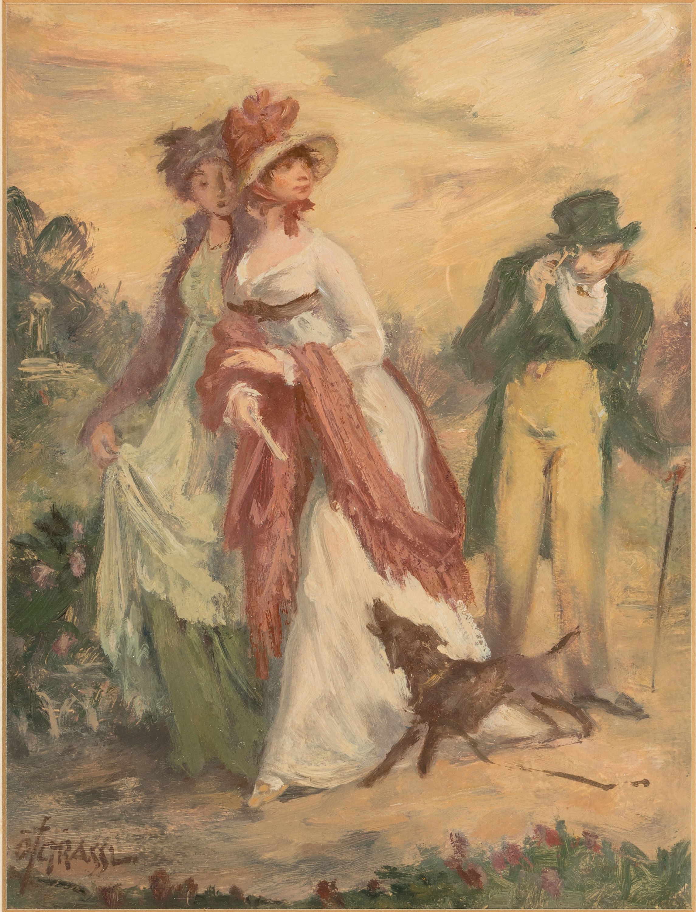 Otto Grassl, 1891-1976, Galante Damen beim Spaziergang, beobachtet von einem Mann mit Hund, Öl/Papier, links unten signiert, ca. 18x14cm, PP, u.Gl., ...