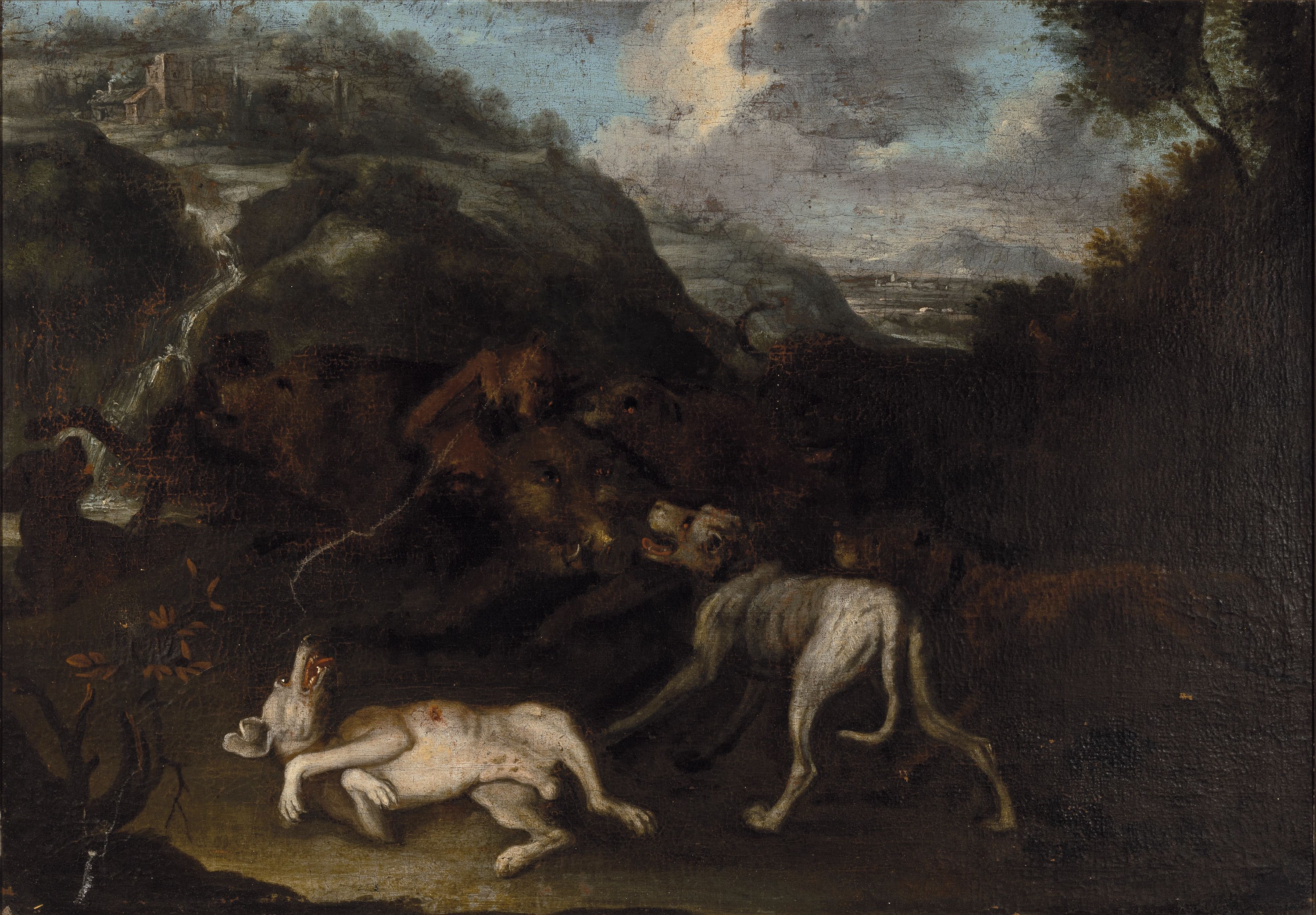 Detail a: Unbekannter Künstler des 18. Jh., 2 Pendants, Jagdhunde reissen einen Bären, Öl/Lwd, rest., doubl., unsign., je ca. 55x80 cm, R. ca. 67x92cm
