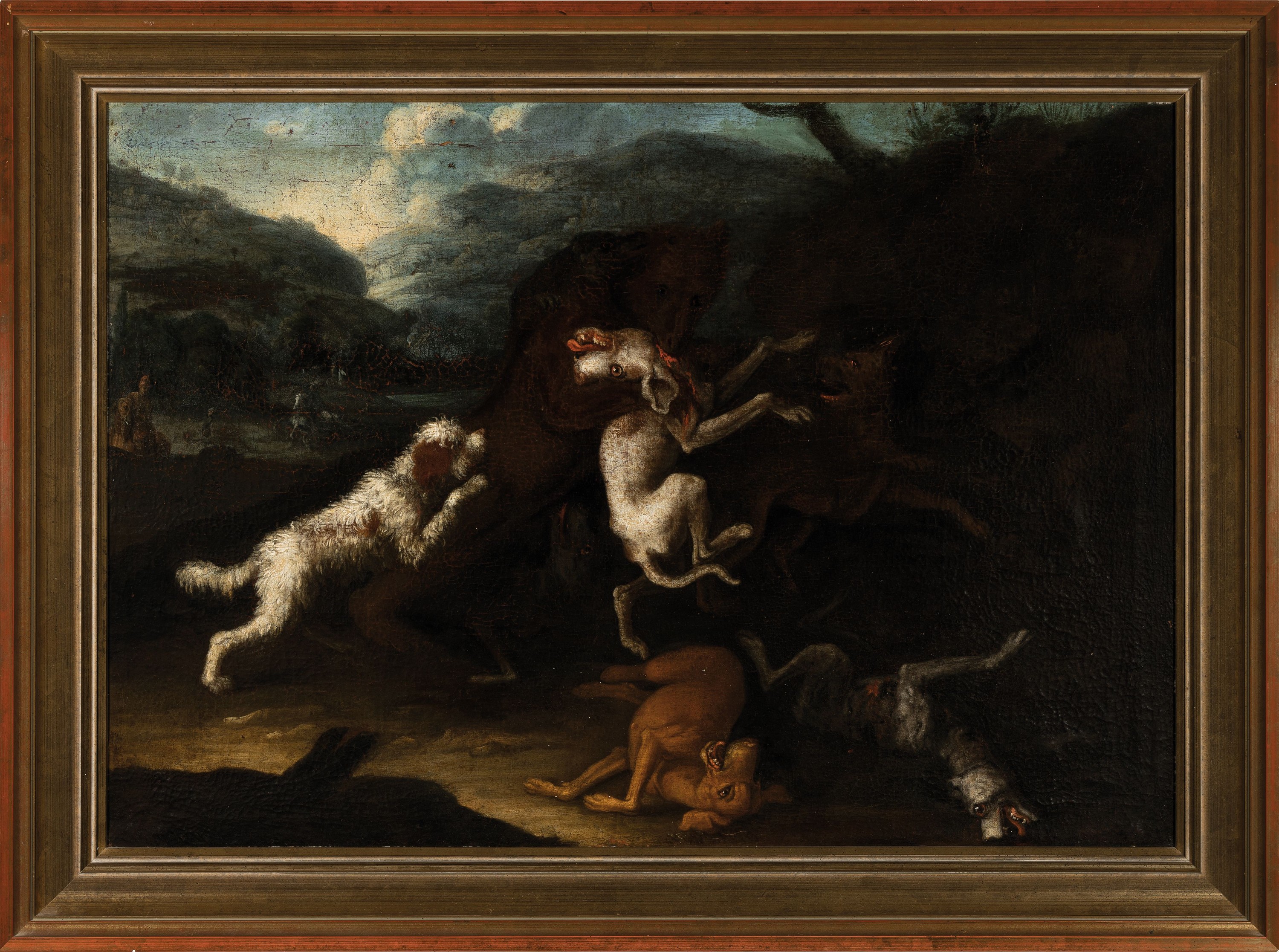 Detail k: Unbekannter Künstler des 18. Jh., 2 Pendants, Jagdhunde reissen einen Bären, Öl/Lwd, rest., doubl., unsign., je ca. 55x80 cm, R. ca. 67x92cm