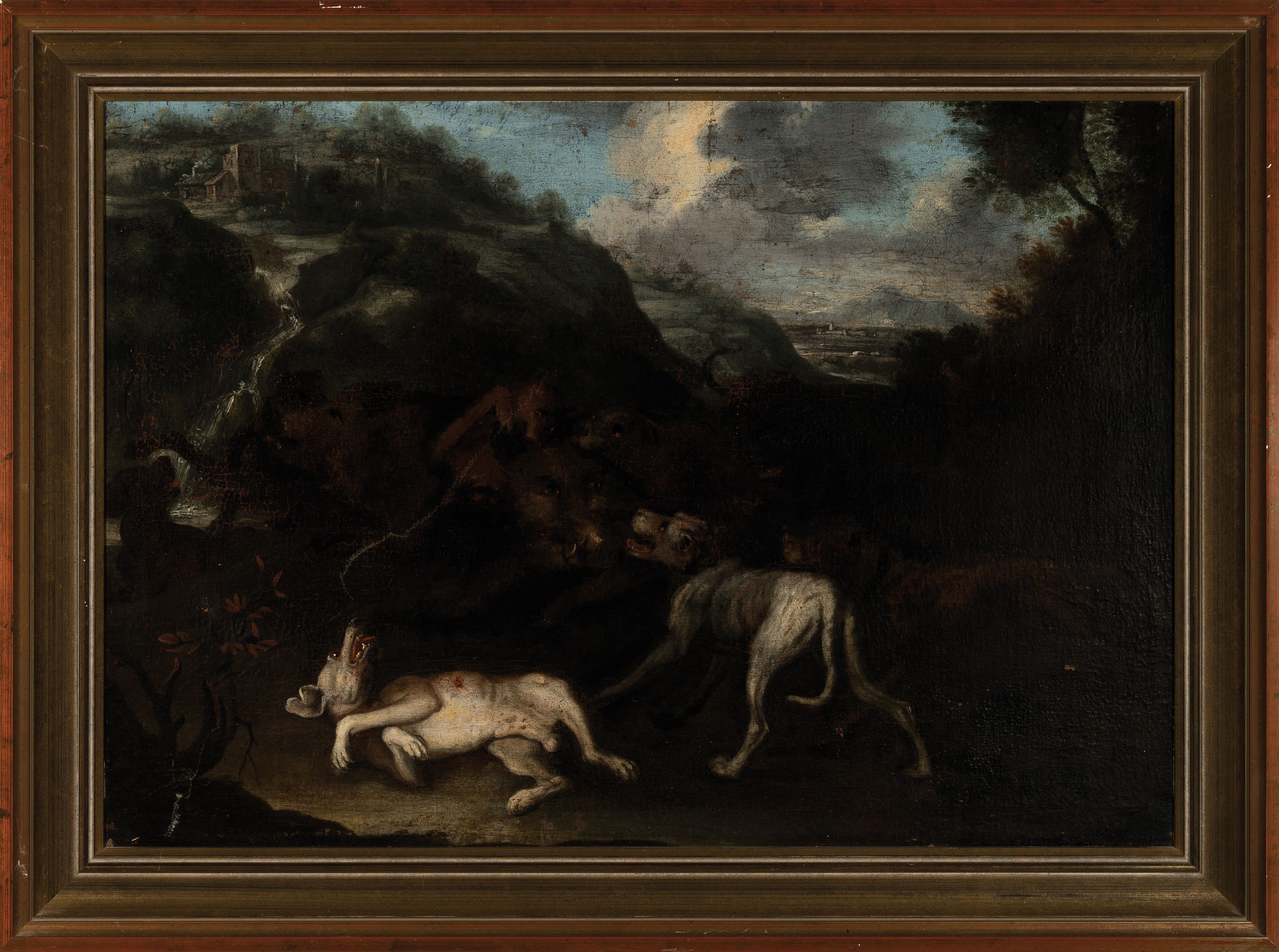 Detail l: Unbekannter Künstler des 18. Jh., 2 Pendants, Jagdhunde reissen einen Bären, Öl/Lwd, rest., doubl., unsign., je ca. 55x80 cm, R. ca. 67x92cm