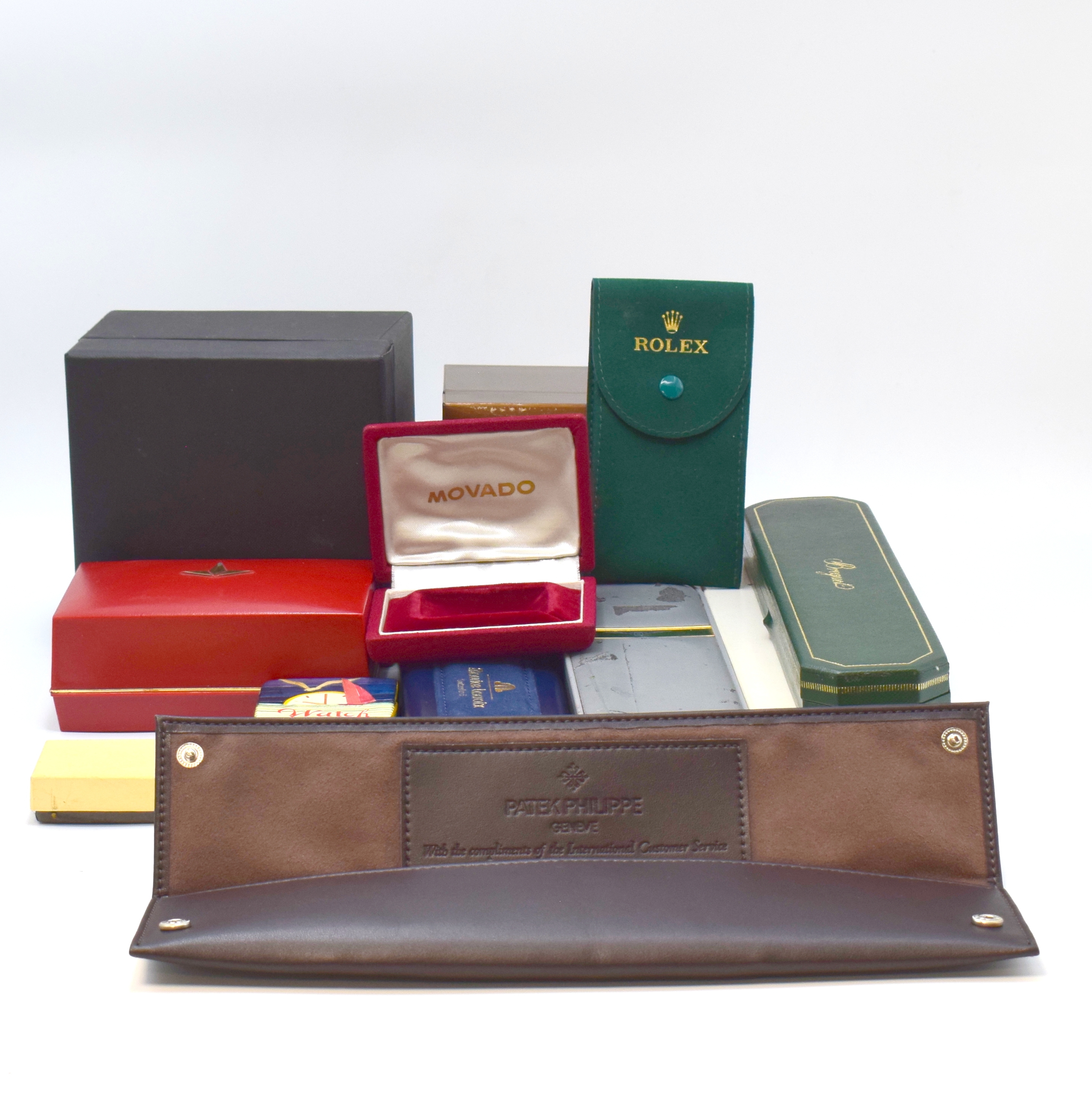 MOVADO ERMETO original Box sowie 10 weitere Uhren-Boxen/Etuis, im Einzelnen: Rolex Service Etui, Patek Philippe Service-Etui, Gucci, Kienzle, Maurice ...