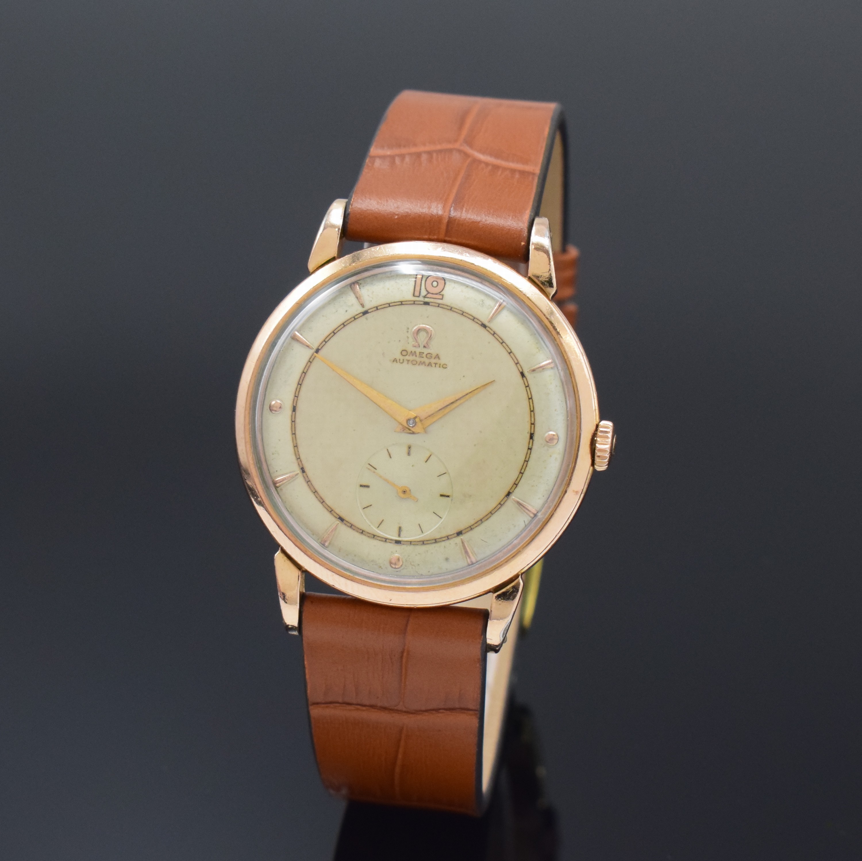 OMEGA Herrenarmbanduhr 80 Micron vergoldet mit Hammerautomatik Referenz 2398-1, Schweiz um 1950, Automatik, neutr. Lederband m. Omega Schliesse, ...