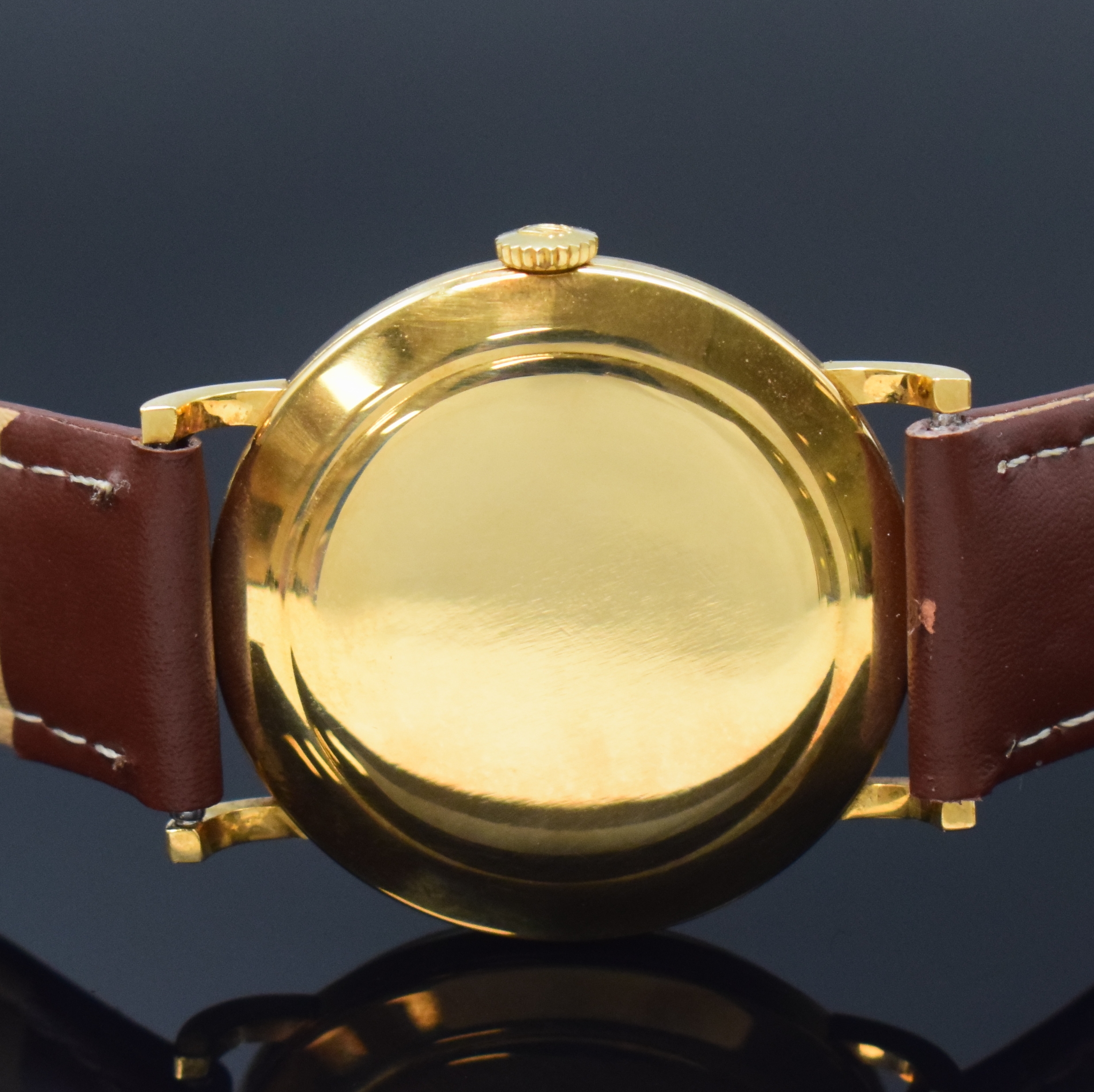 Detail e: ROLEX Precision Herrenarmbanduhr Referenz 9659 in GG 750/000, Schweiz um 1960, Handaufzug, Boden u. Glasrand aufgedr., neutr. Lederband inkl. orig. ...