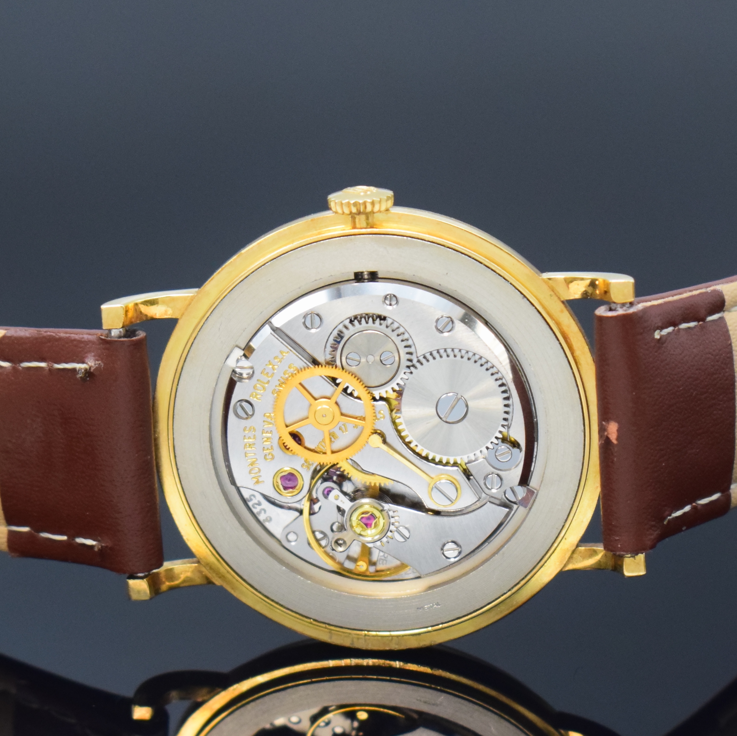 Detail f: ROLEX Precision Herrenarmbanduhr Referenz 9659 in GG 750/000, Schweiz um 1960, Handaufzug, Boden u. Glasrand aufgedr., neutr. Lederband inkl. orig. ...
