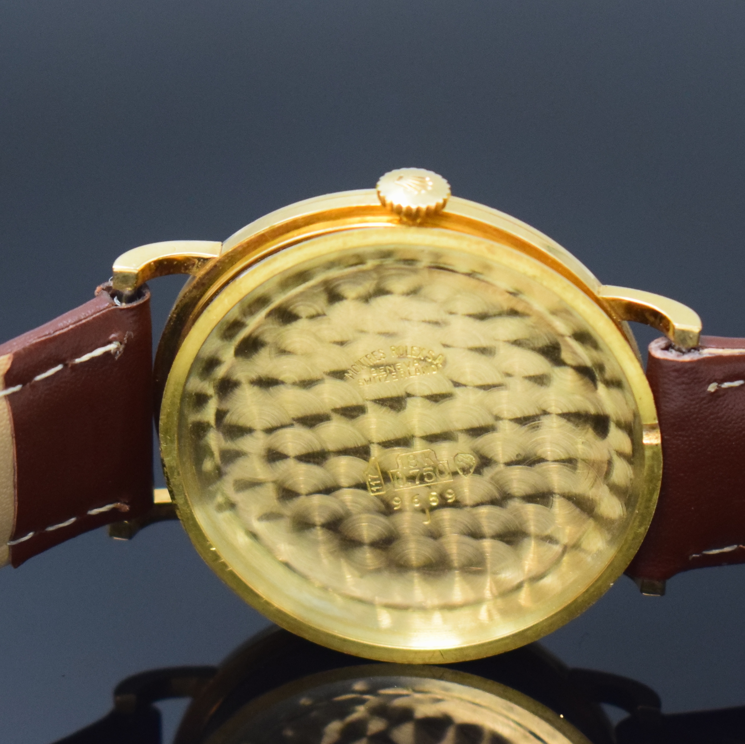 Detail g: ROLEX Precision Herrenarmbanduhr Referenz 9659 in GG 750/000, Schweiz um 1960, Handaufzug, Boden u. Glasrand aufgedr., neutr. Lederband inkl. orig. ...