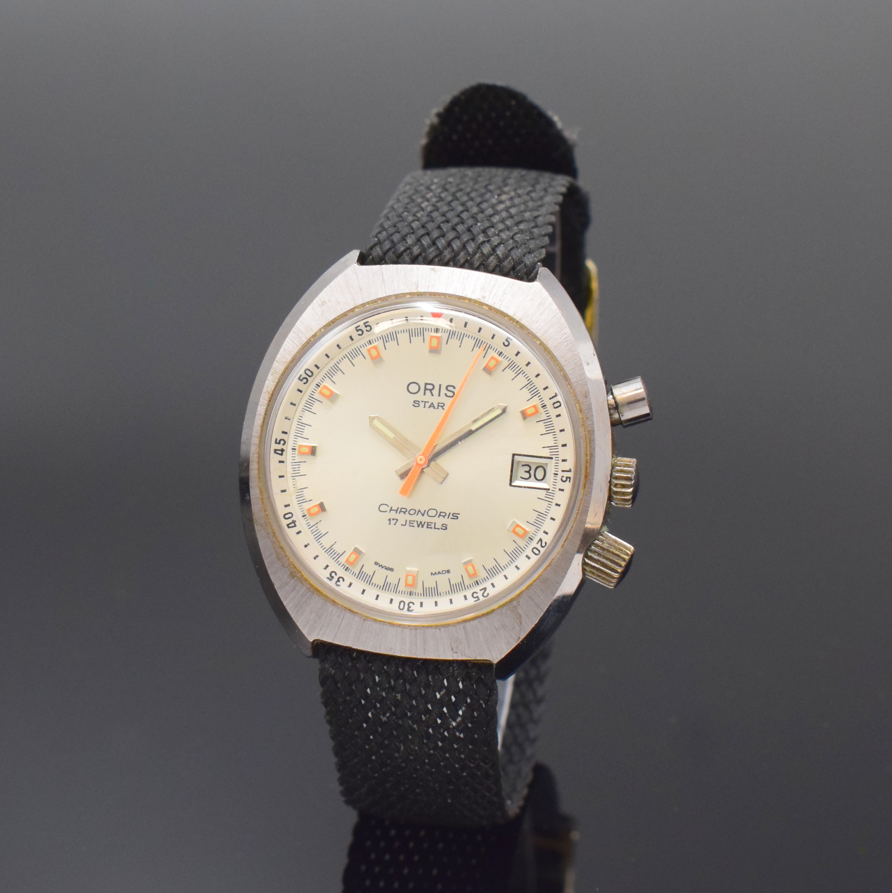 ORIS Star ChronOris seltene Herrenarmbanduhr mit Chronograph, Schweiz um 1970, Handaufzug, verchr. Geh. m. verschr. Stahlboden, Chrono-Drücker b. 2, ...