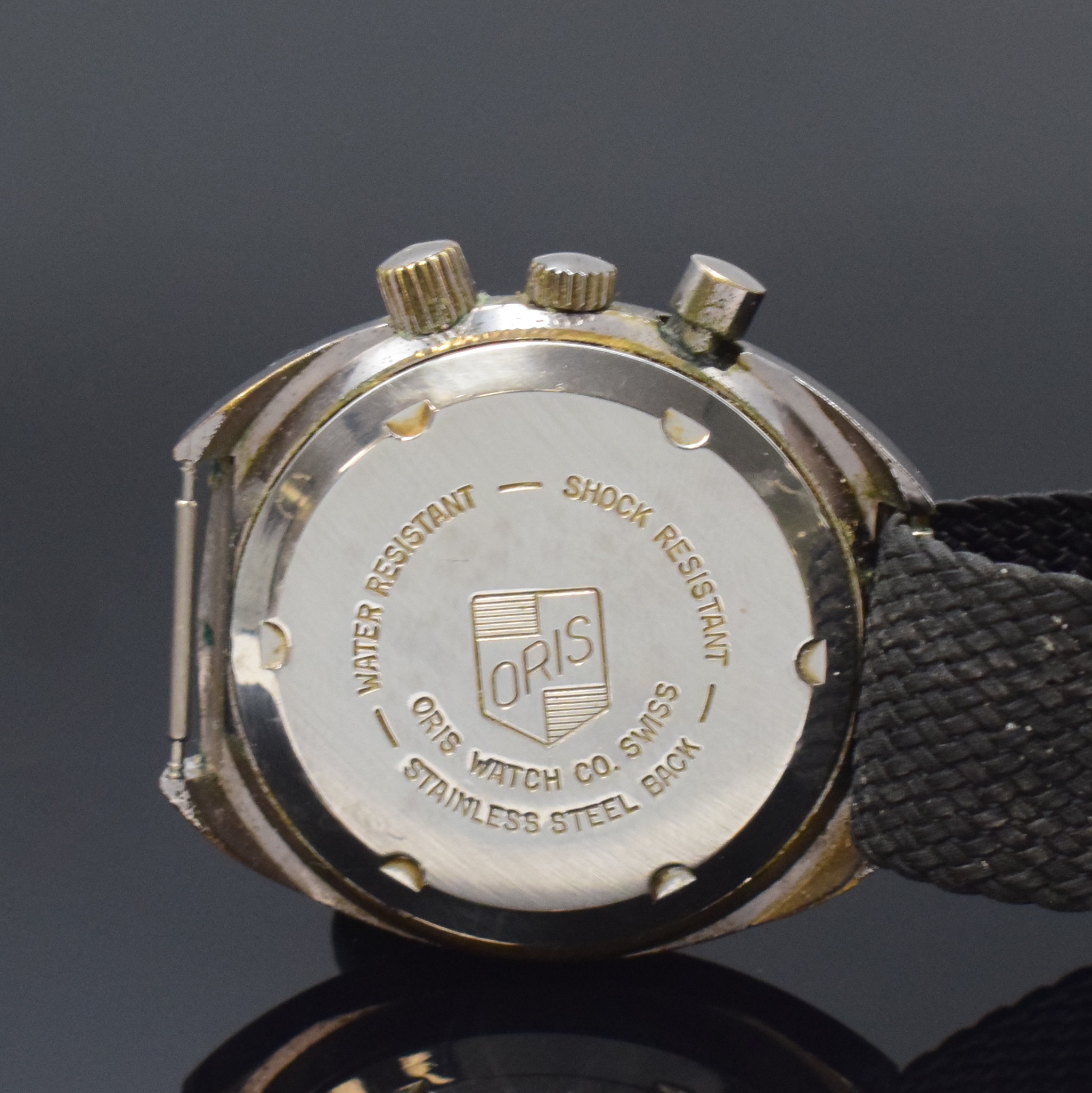 Detail c: ORIS Star ChronOris seltene Herrenarmbanduhr mit Chronograph, Schweiz um 1970, Handaufzug, verchr. Geh. m. verschr. Stahlboden, Chrono-Drücker b. 2, ...