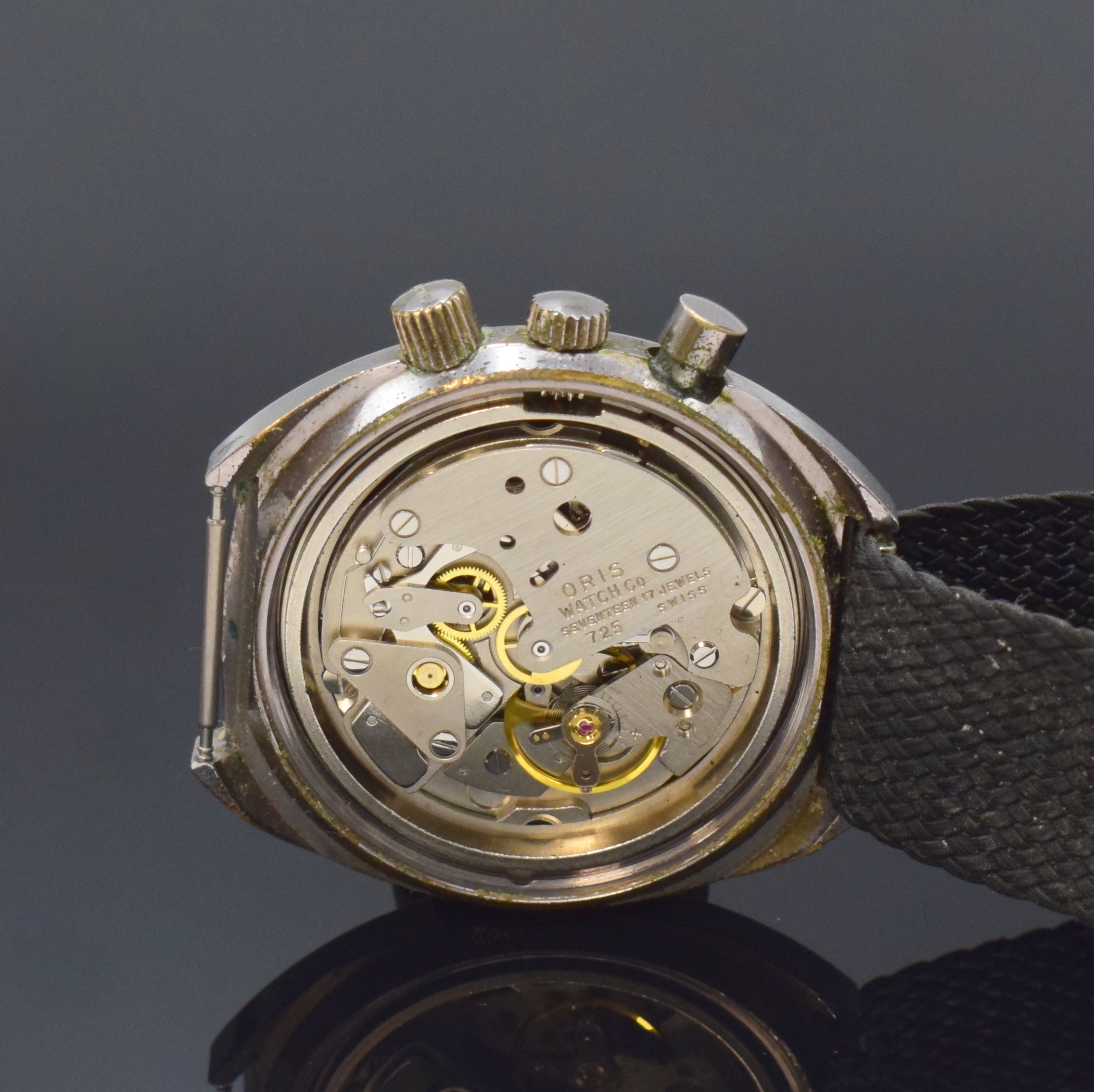 Detail d: ORIS Star ChronOris seltene Herrenarmbanduhr mit Chronograph, Schweiz um 1970, Handaufzug, verchr. Geh. m. verschr. Stahlboden, Chrono-Drücker b. 2, ...