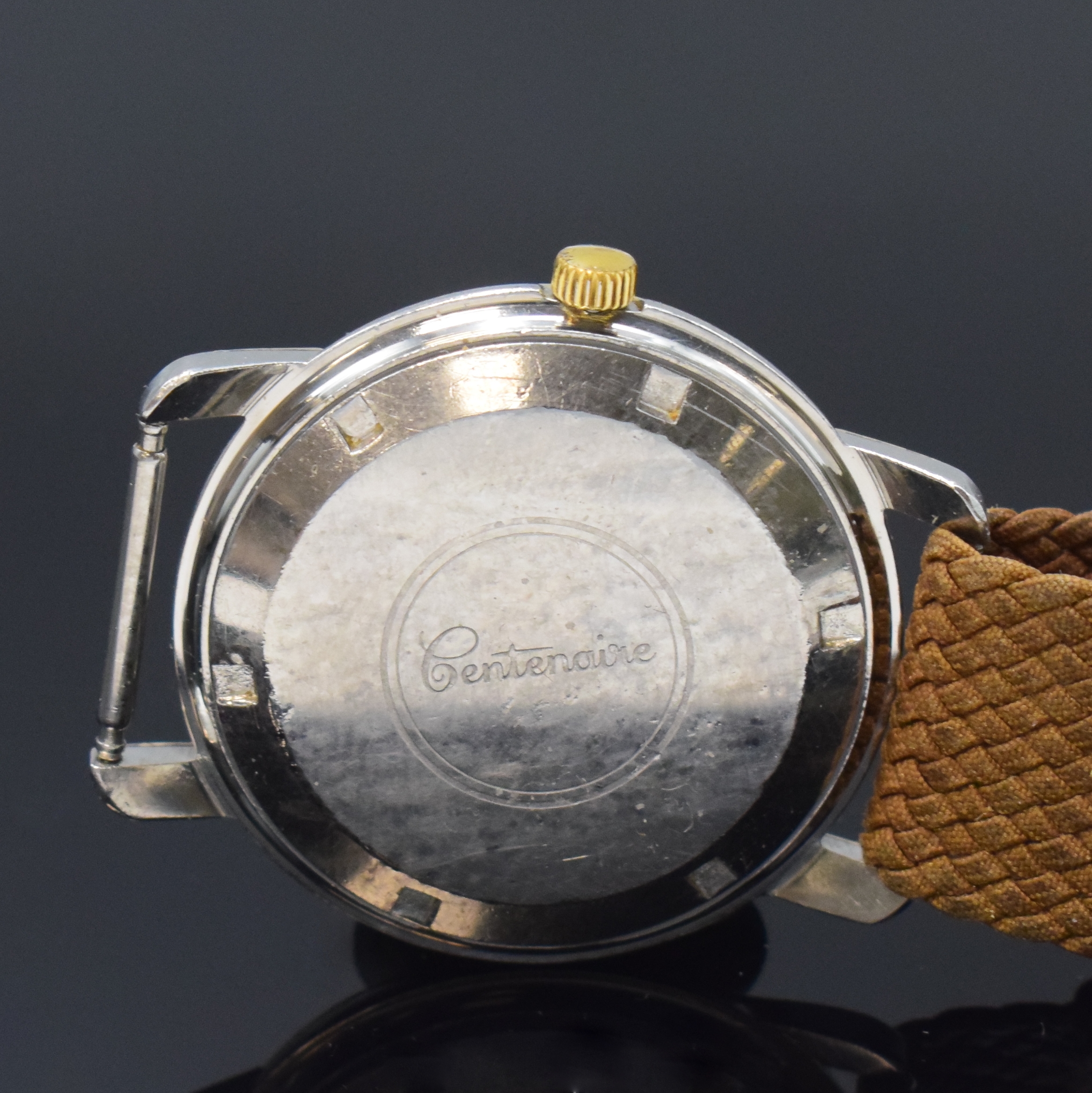 Detail b: ETERNA-MATIC Centenaire Armbanduhr in Stahl/Gold, Schweiz um 1960, Automatik, verschr. Geh. m. Goldhaube, silb. Zifferbl. pat./fl., gold. Indizes u. ...