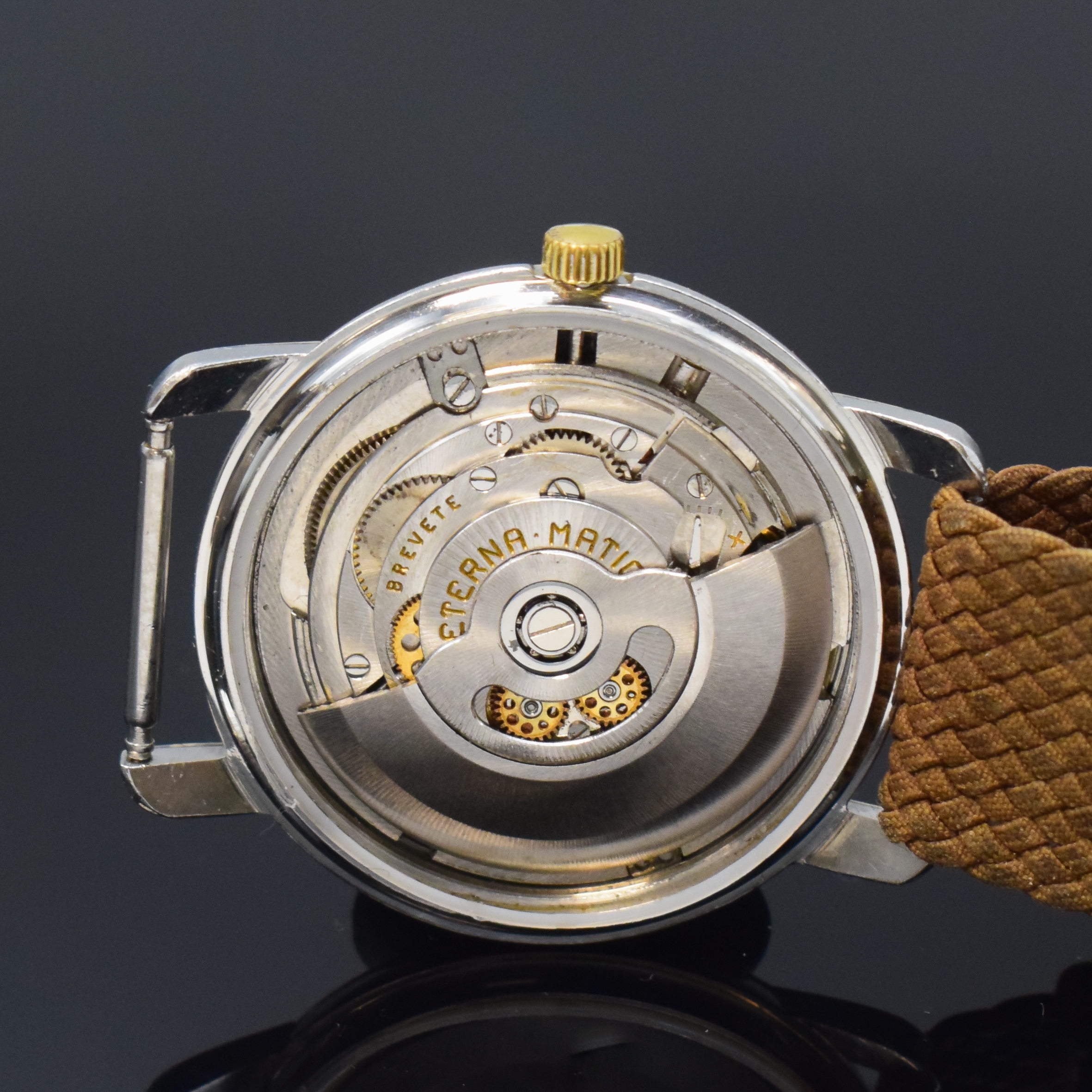Detail c: ETERNA-MATIC Centenaire Armbanduhr in Stahl/Gold, Schweiz um 1960, Automatik, verschr. Geh. m. Goldhaube, silb. Zifferbl. pat./fl., gold. Indizes u. ...