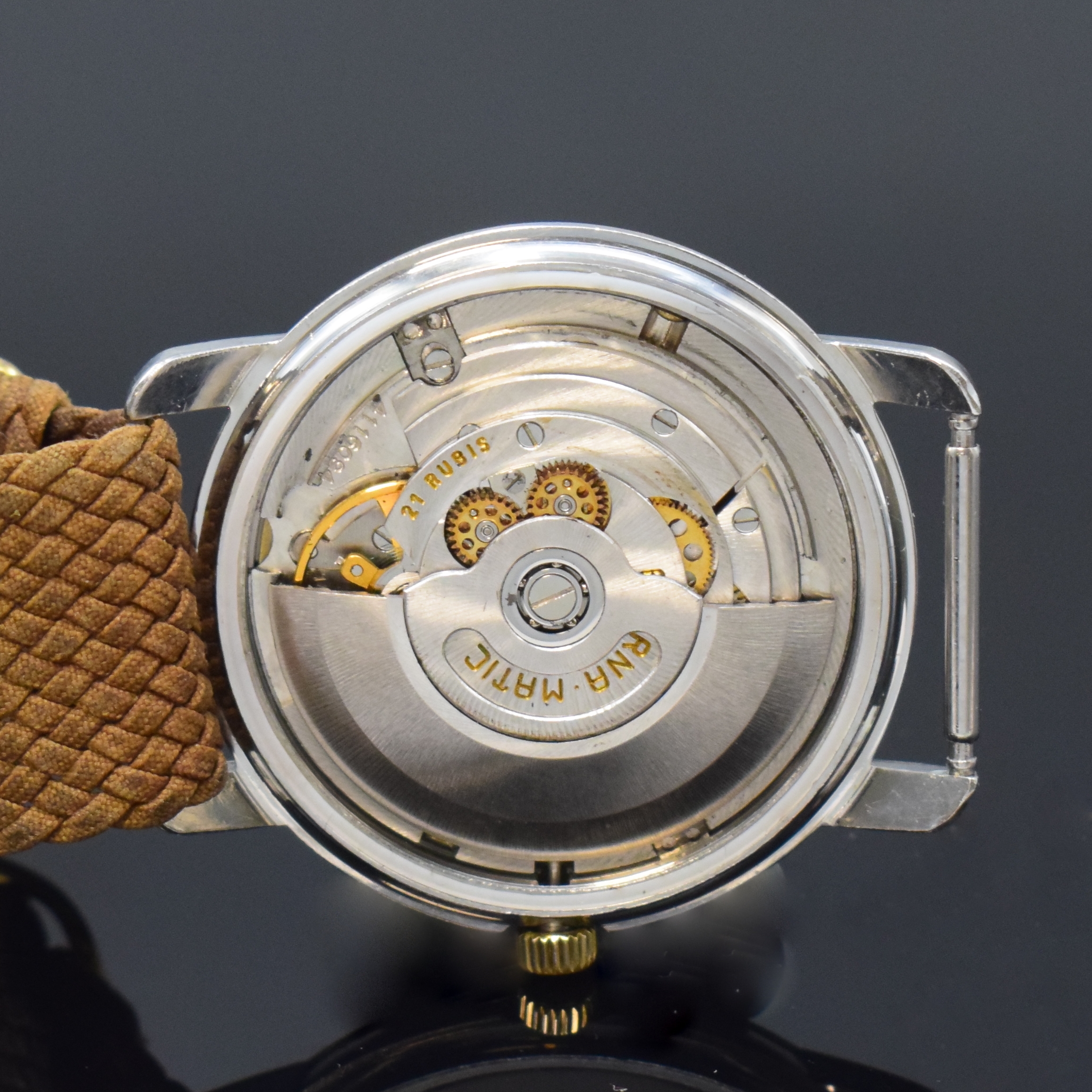 Detail d: ETERNA-MATIC Centenaire Armbanduhr in Stahl/Gold, Schweiz um 1960, Automatik, verschr. Geh. m. Goldhaube, silb. Zifferbl. pat./fl., gold. Indizes u. ...