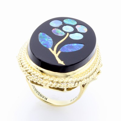 Image Ring mit Onyx und Opalen, GG 585/000, ovaler Onyx mit eingel. Opalen im floralen Muster, ...