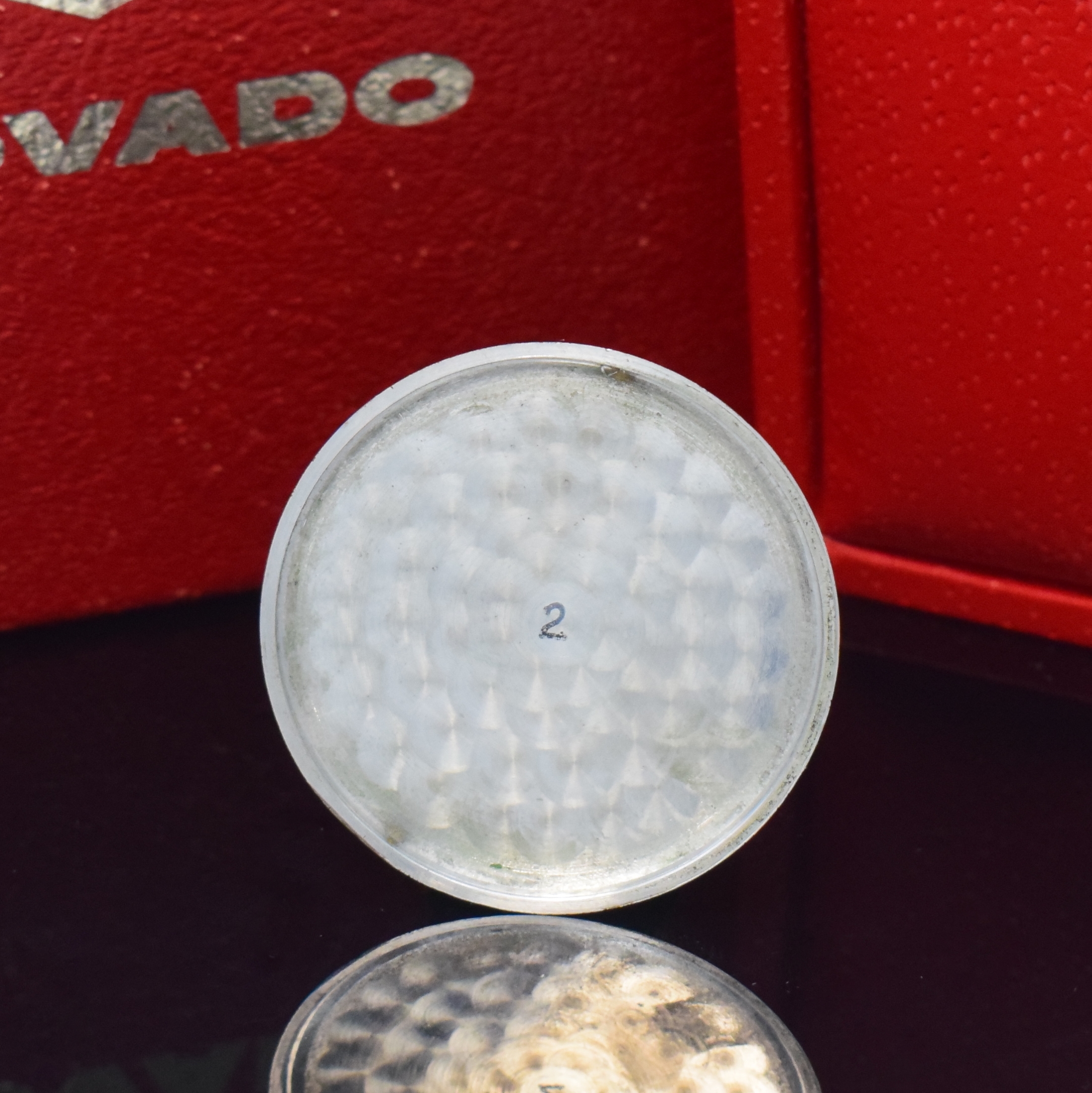 Detail c: MOVADO offene verchromte Taschenuhr mit Movado Box und Umkarton, Schweiz um 1925, Handaufzug, Boden aufgedr., Emailzifferbl. riss., arab. Zahlen, ...