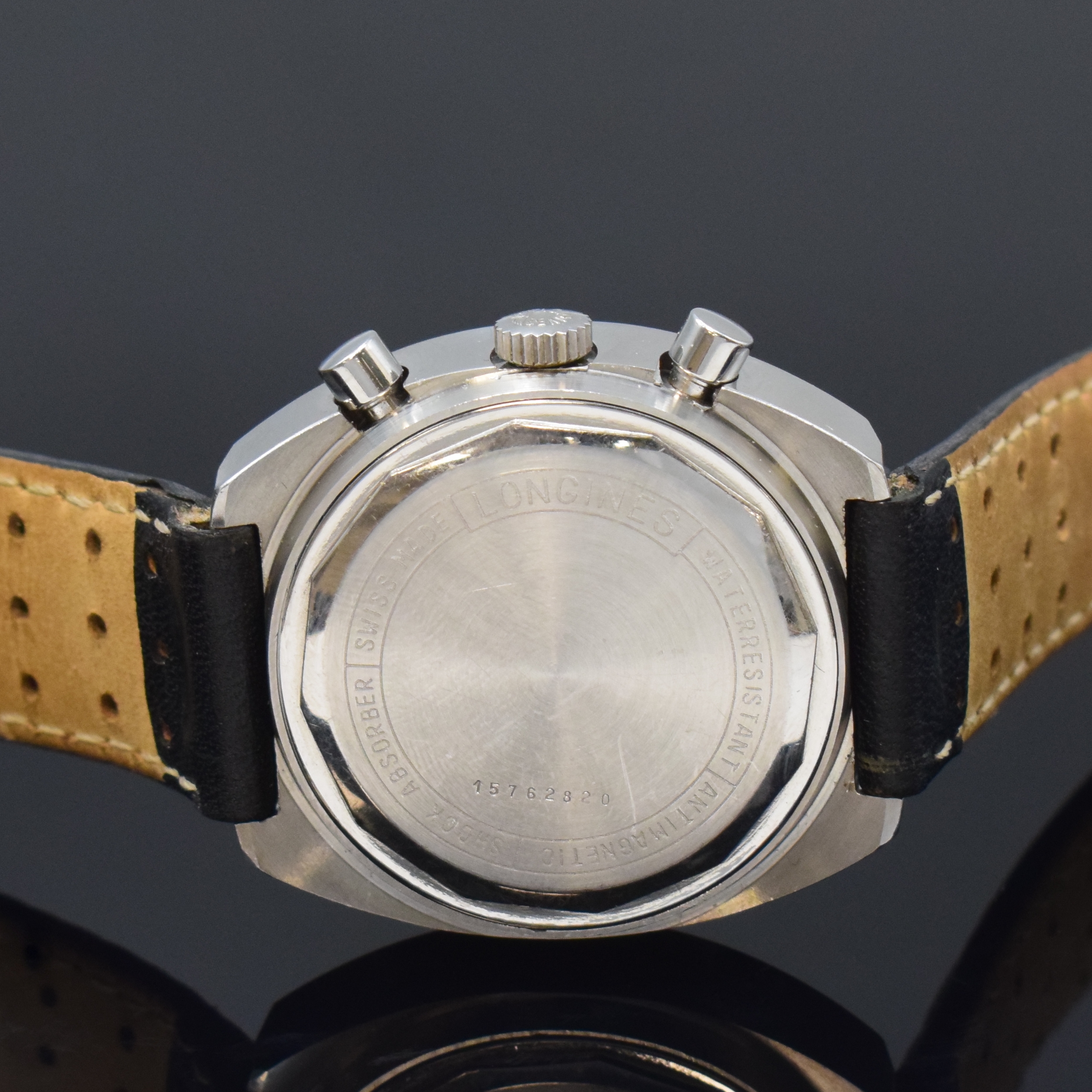 Detail c: LONGINES Schaltradchronograph mit Nonius- Zeiger Referenz 8271/1 in Stahl, Schweiz um 1975, Handaufzug, verschr. Geh., orig. Krone, silb. Zifferbl. ...