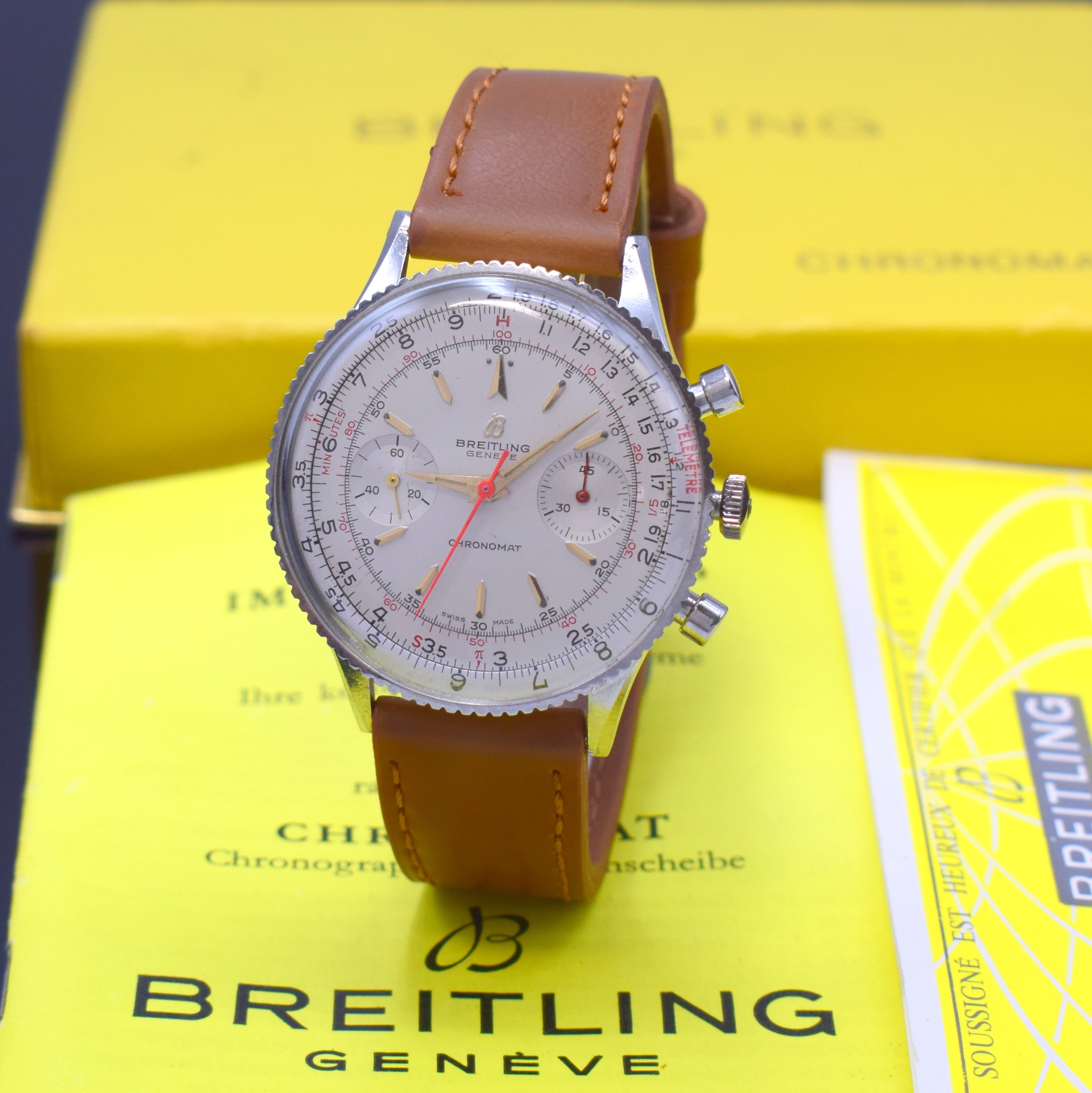 BREITLING Chronomat Referenz 808 in Stahl, Schweiz um 1973, Handaufzug, Geh. m. Rechenschieber-Drehlünette, Boden aufgedr., Krone später, silb. ...