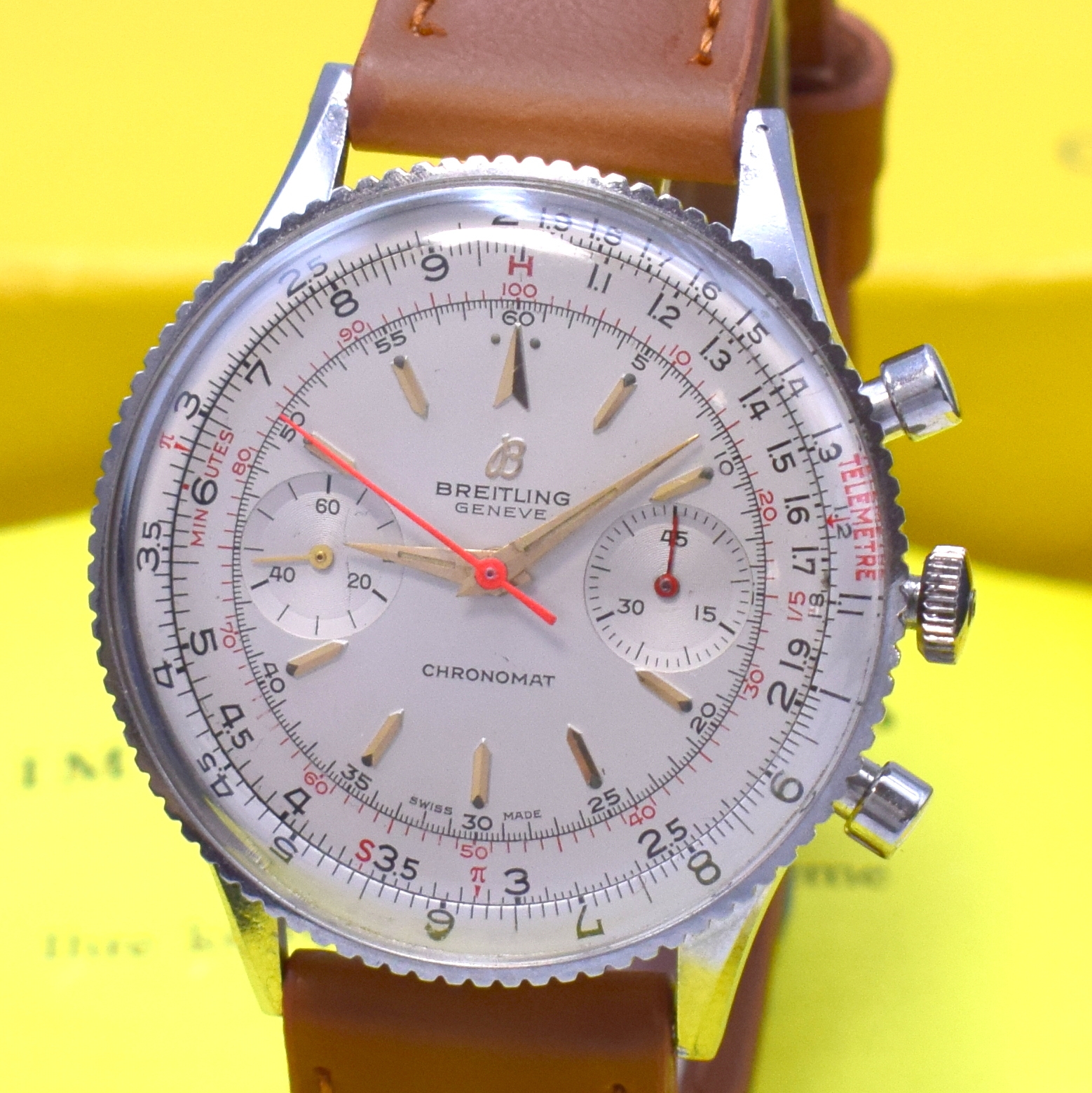 Detail a: BREITLING Chronomat Referenz 808 in Stahl, Schweiz um 1973, Handaufzug, Geh. m. Rechenschieber-Drehlünette, Boden aufgedr., Krone später, silb. ...