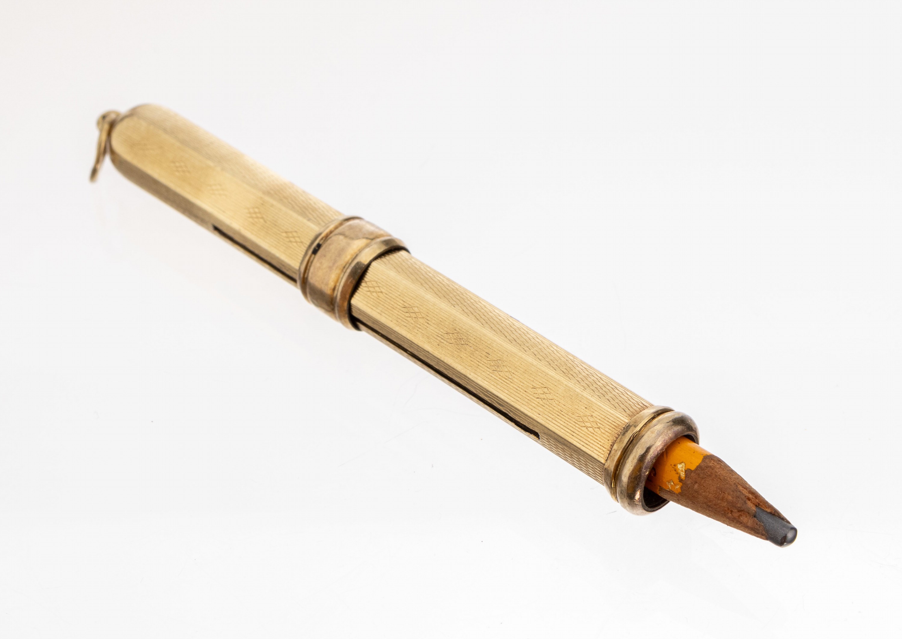 14 kt Gold Bleistifthalter, GG 585/000, 1920er-30er Jahre, Oberfläche fein grav., Mechanismus funktionsfähig, L. ca. 6 cm