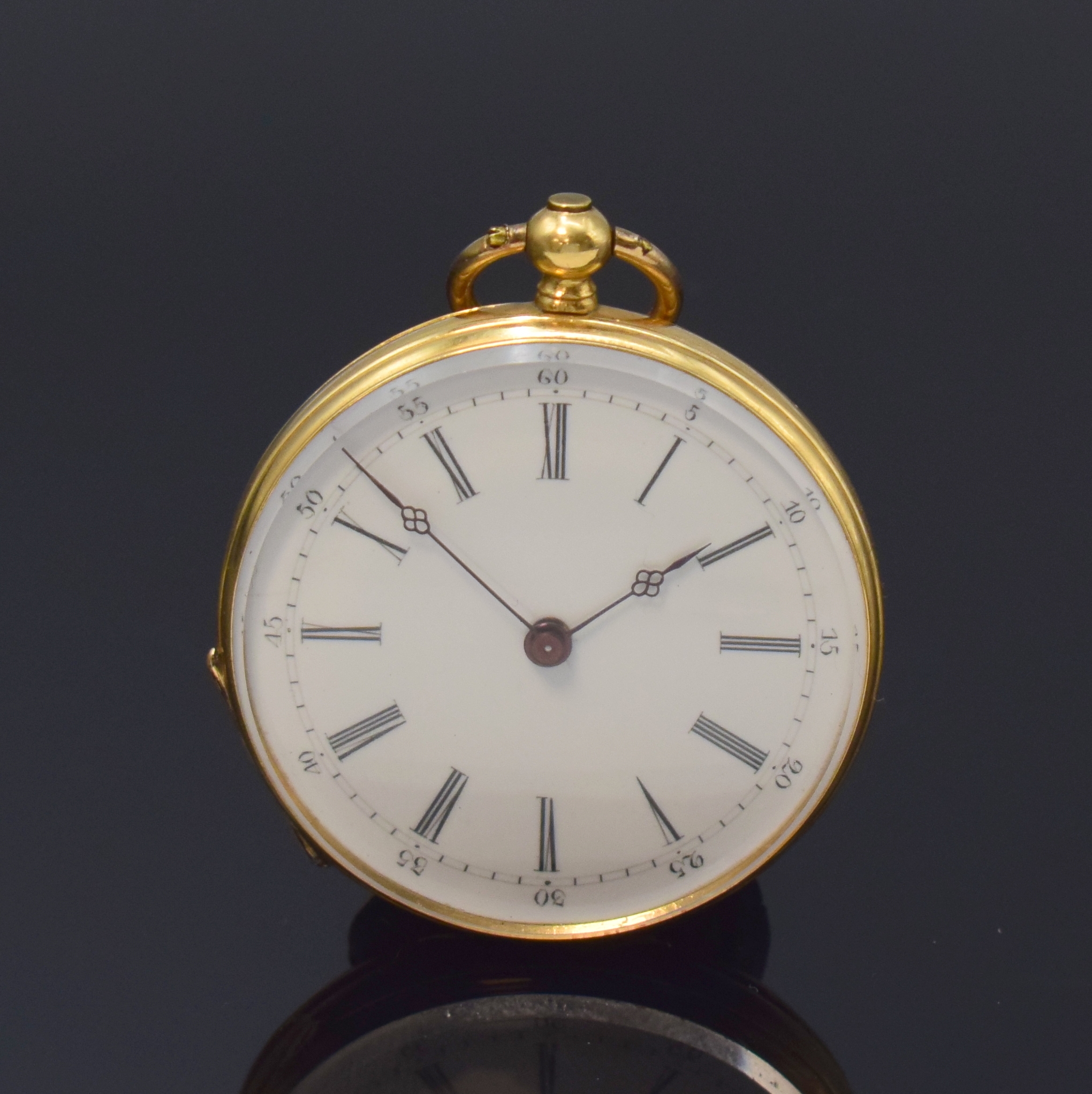 VACHERON Geneve Email-Damentaschenuhr in GG 750/000, Schweiz um 1850, Schlüsselaufzug, offenes, fein grav. u. guill. Geh., partiell blau u. schwarz ...