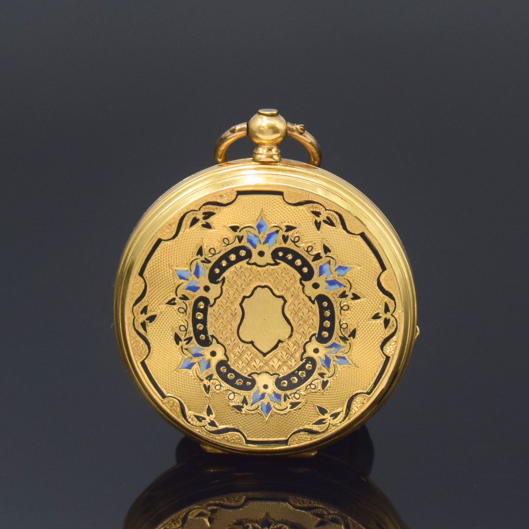 Detail a: VACHERON Geneve Email-Damentaschenuhr in GG 750/000, Schweiz um 1850, Schlüsselaufzug, offenes, fein grav. u. guill. Geh., partiell blau u. schwarz ...