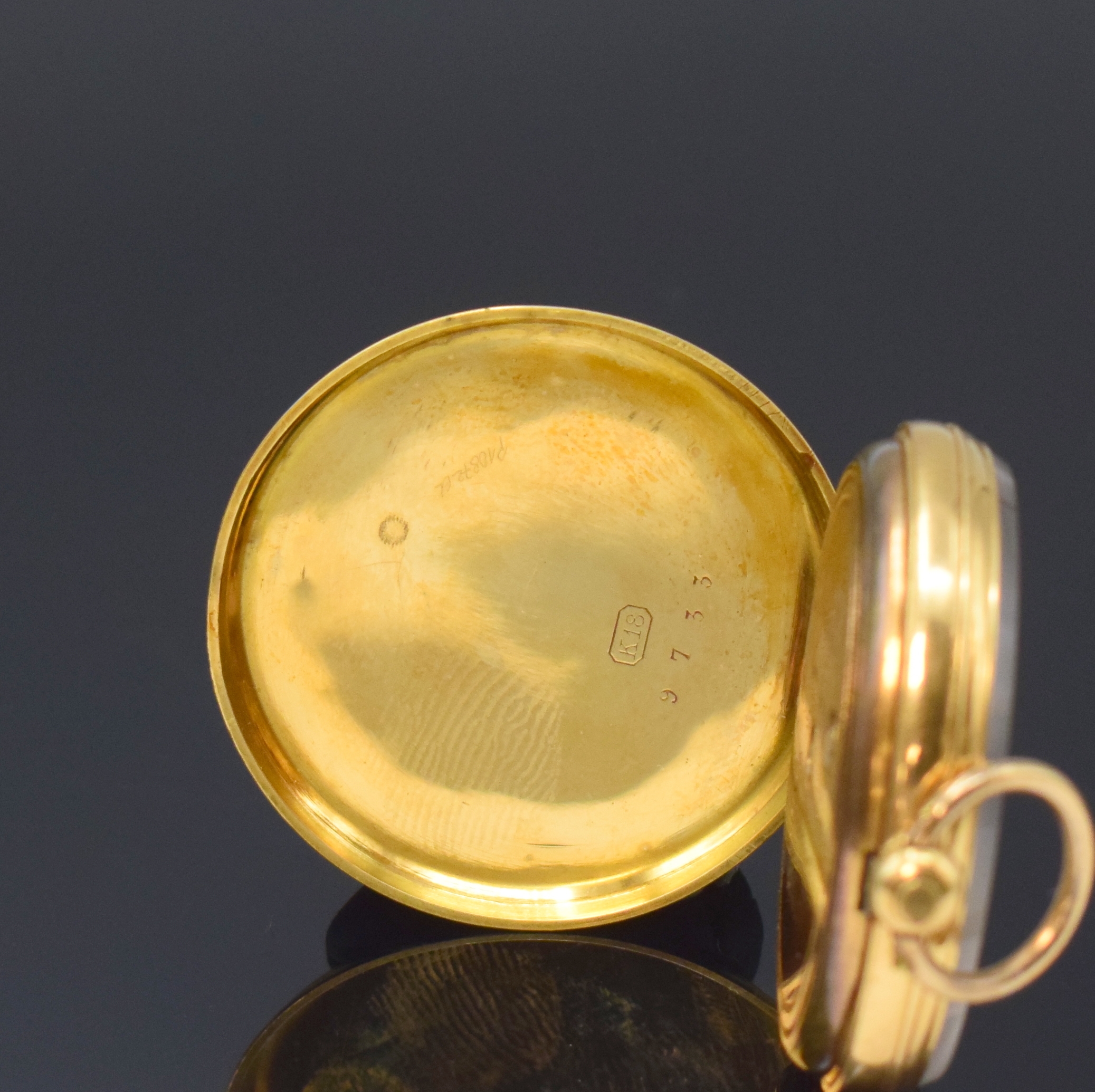 Detail b: VACHERON Geneve Email-Damentaschenuhr in GG 750/000, Schweiz um 1850, Schlüsselaufzug, offenes, fein grav. u. guill. Geh., partiell blau u. schwarz ...