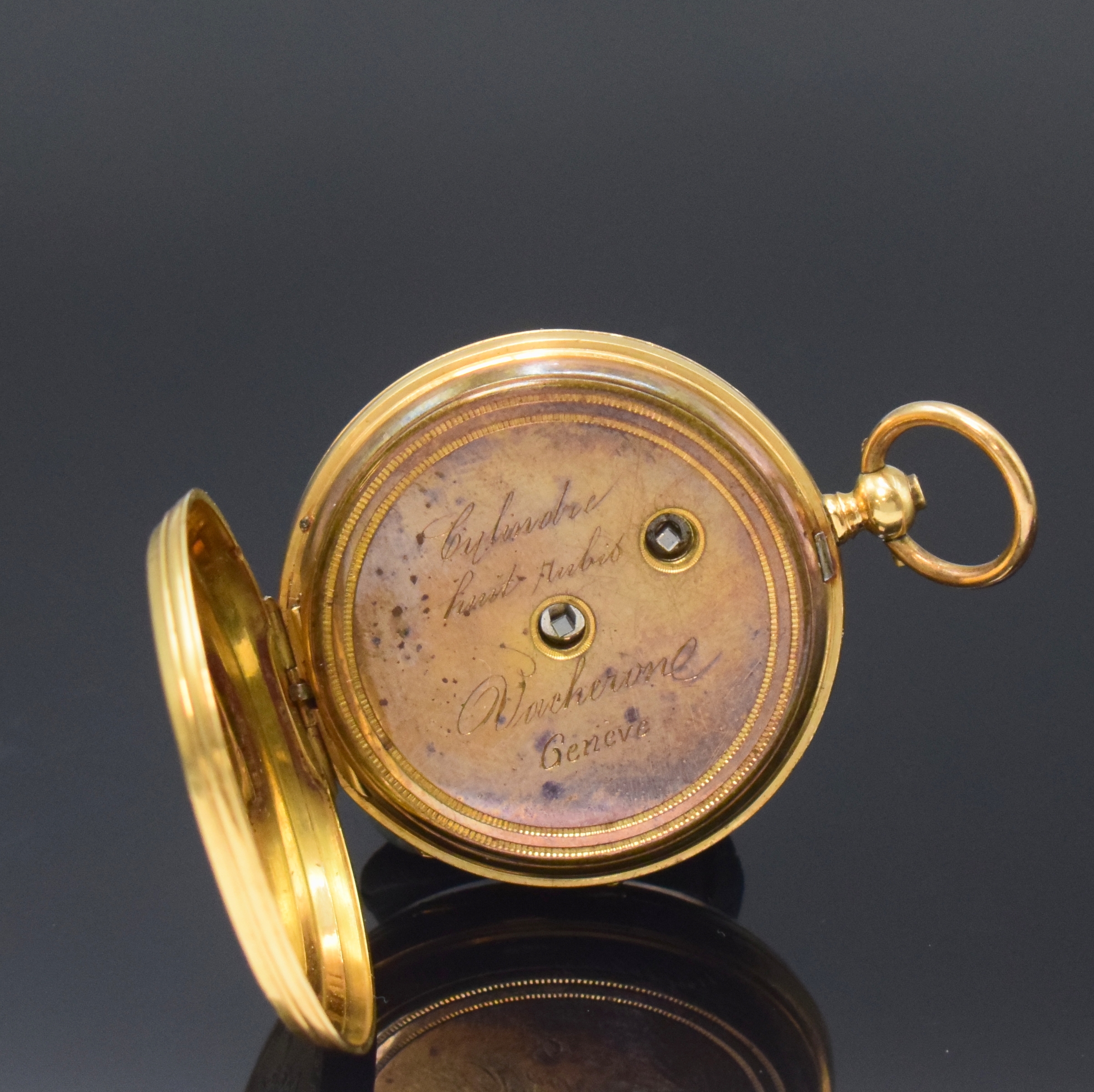 Detail c: VACHERON Geneve Email-Damentaschenuhr in GG 750/000, Schweiz um 1850, Schlüsselaufzug, offenes, fein grav. u. guill. Geh., partiell blau u. schwarz ...