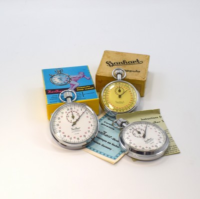 Image HANHART 3 chrome-plated stop watches, Germany around 1940/1960, white dials, 30 seconds ...