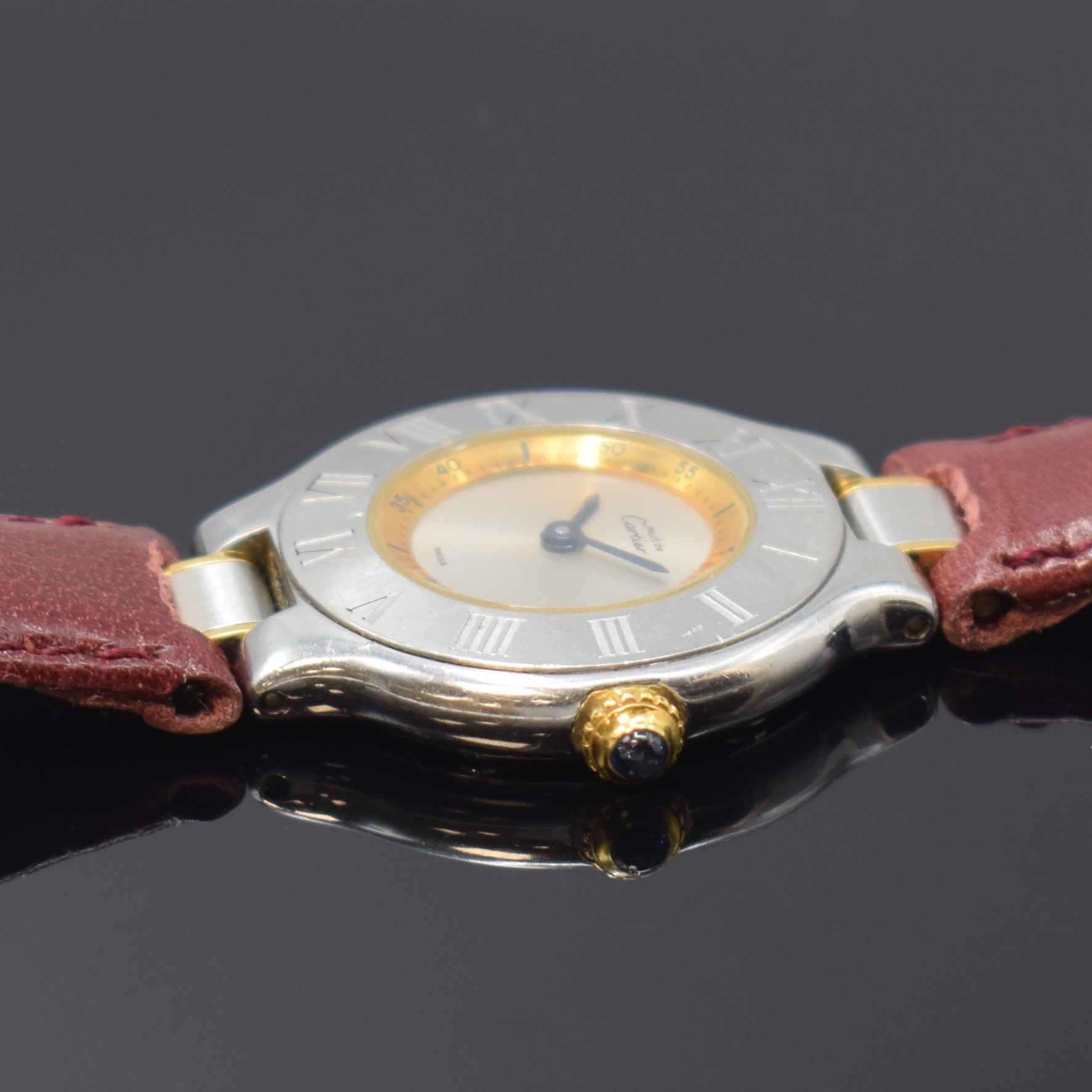 Detail b: CARTIER Linie 21 Damenarmbanduhr Referenz 1340, Schweiz um 1990, quarz, Edelstahlgeh., Boden 6-fach verschr., Schmuckkrone, Lünette m. röm. Zahlen, ...