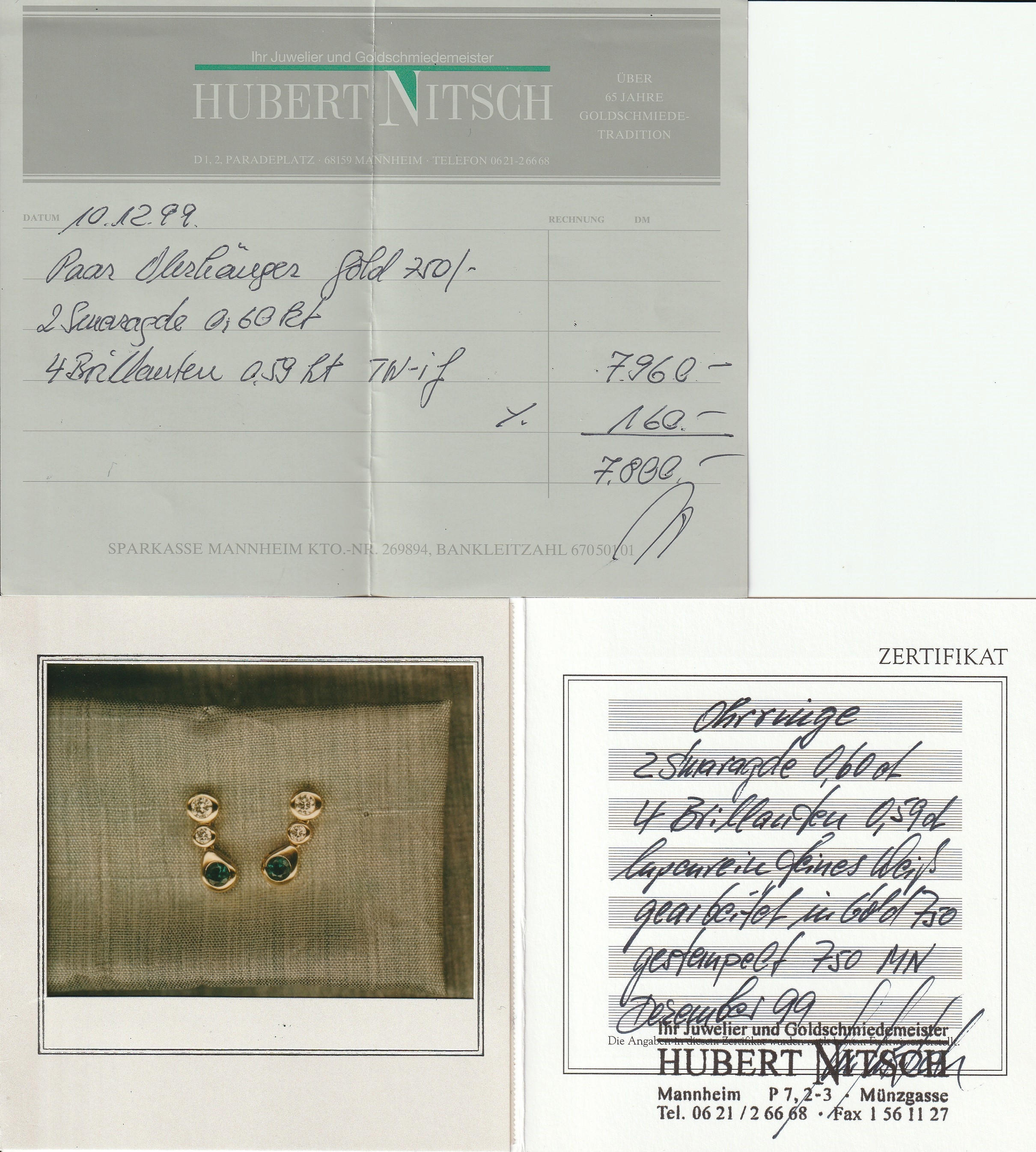 Detail a: Paar 18 kt Gold Smaragd-Brillant-Ohrstecker, GG 750/000, 2 rundfacett. Smaragde zus. ca.0.60 ct, 4 Brillanten zus. ca. 0.59 ct feines ...