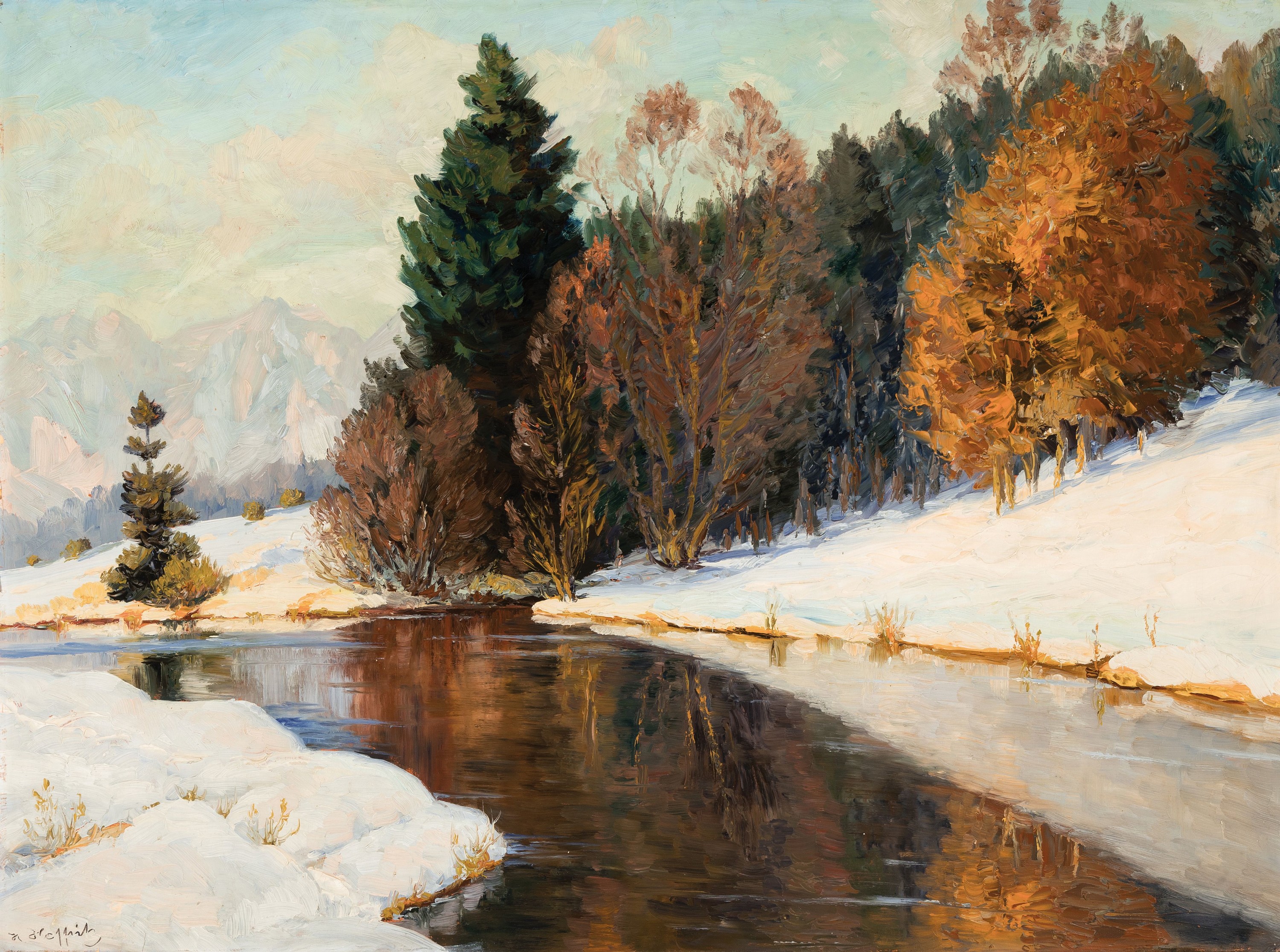 Heinrich Hoffritz, 1884-1963 Köln, Winterlandschaft mit Bachlauf am Waldrand, Öl/Malkarton, links unten signiert, ca. 75x100cm, R. ca. 90x115cm