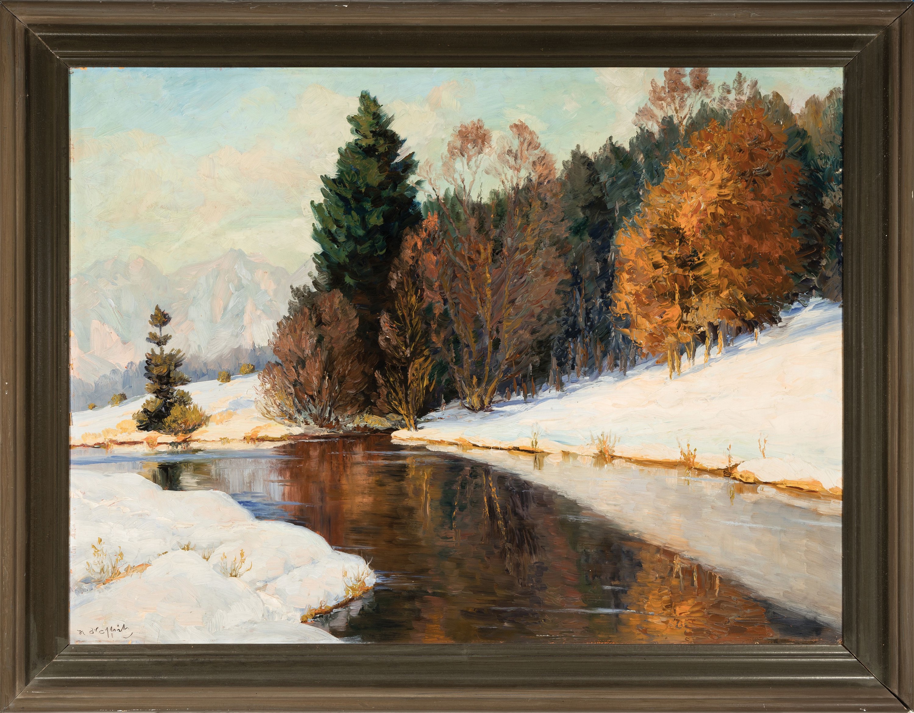 Detail k: Heinrich Hoffritz, 1884-1963 Köln, Winterlandschaft mit Bachlauf am Waldrand, Öl/Malkarton, links unten signiert, ca. 75x100cm, R. ca. 90x115cm