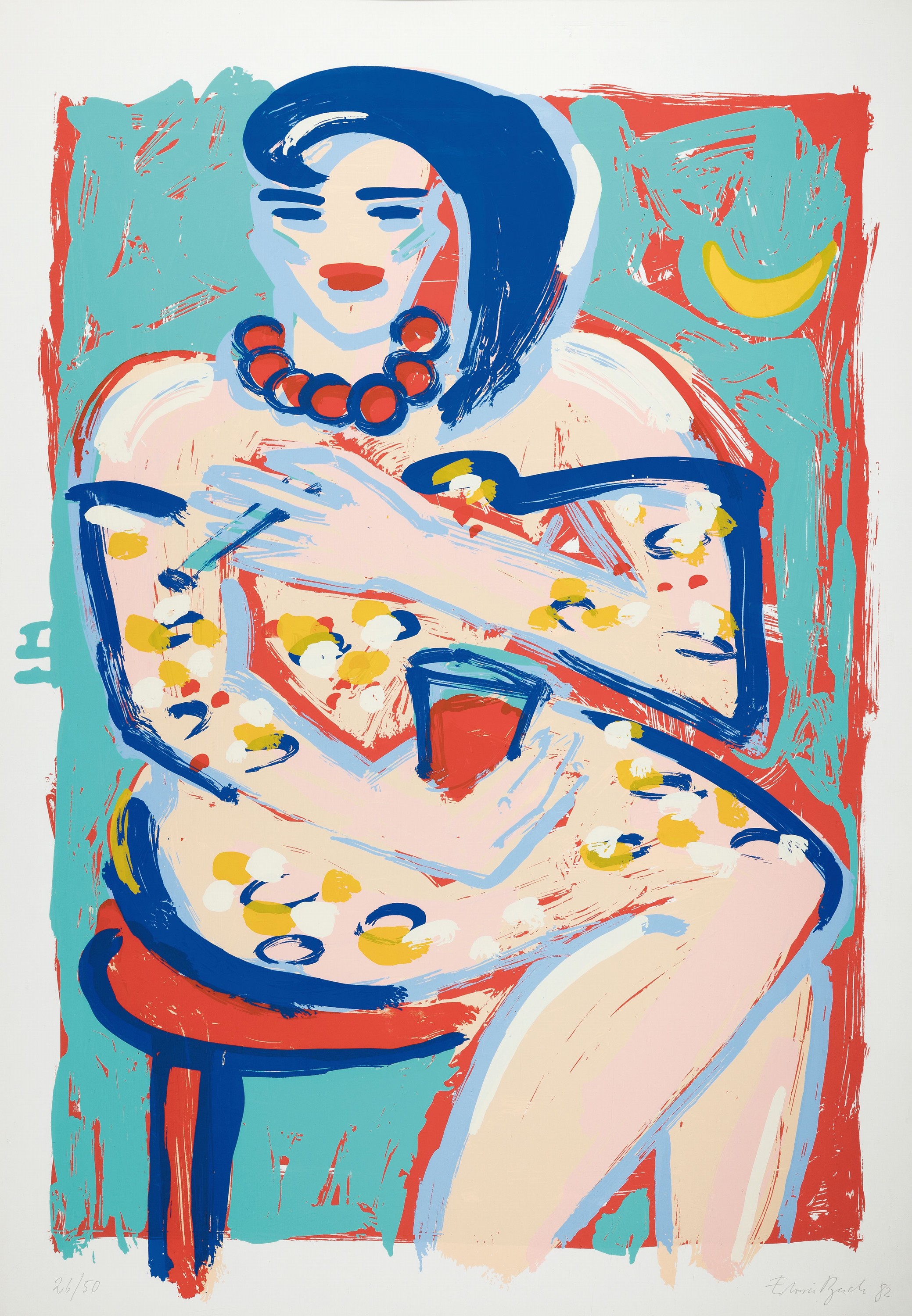 Elvira Bach, geb. 1951, Frau an der Bar, Farbsiebdruck von 1982, handsign., num. num. 26/50, ca. 100x70cm, u.Gl., R. ca. 101x 71cm