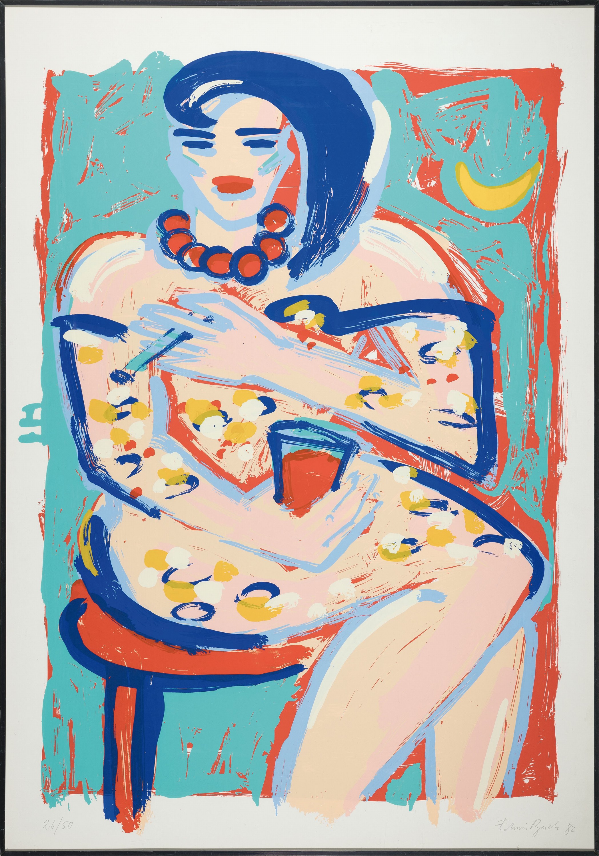 Detail k: Elvira Bach, geb. 1951, Frau an der Bar, Farbsiebdruck von 1982, handsign., num. num. 26/50, ca. 100x70cm, u.Gl., R. ca. 101x 71cm