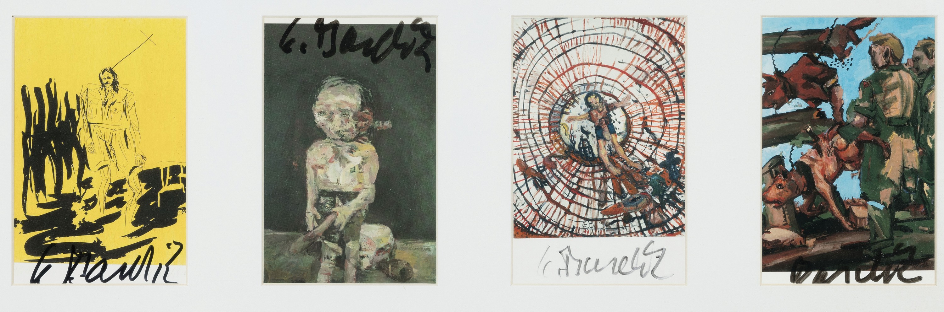 Georg Baselitz, geb. 1938, vier Multiples, Kunstpostkarten, handsigniert, je ca. 10x15cm, PP, u.Gl., in einem Rahmen ca. 25x63cm