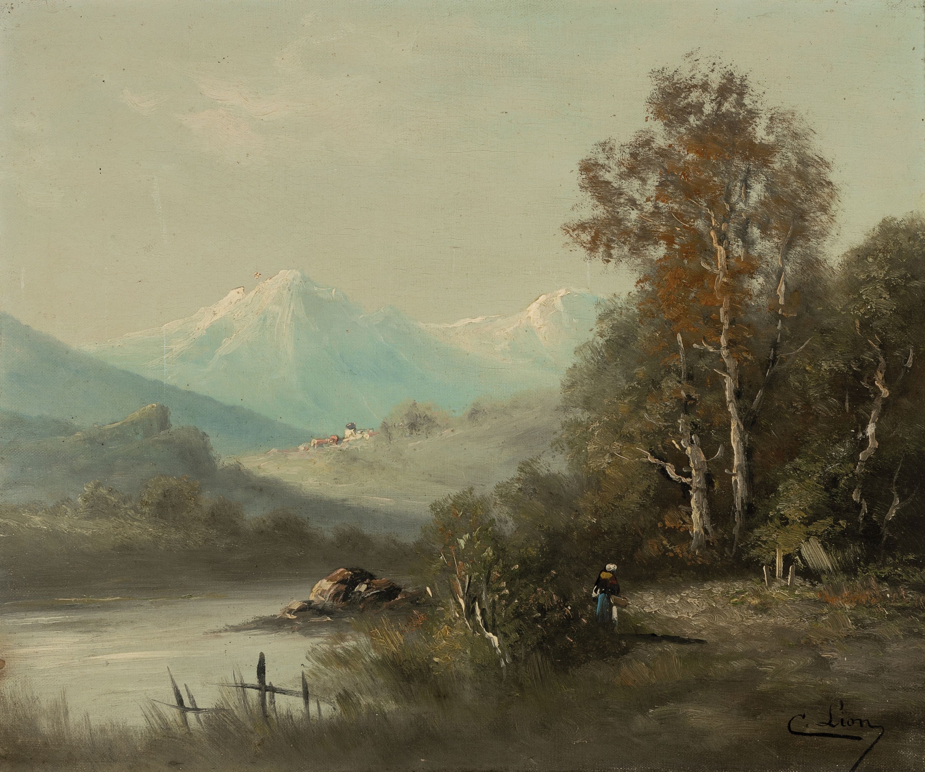 C. Lion, Maler der 2. Hälfte des 19. Jh., postromantische Landschaft mit Bachlauf und Gebirge, Frau mit Korb am Waldrand, Öl/Lwd, rechts unten ...