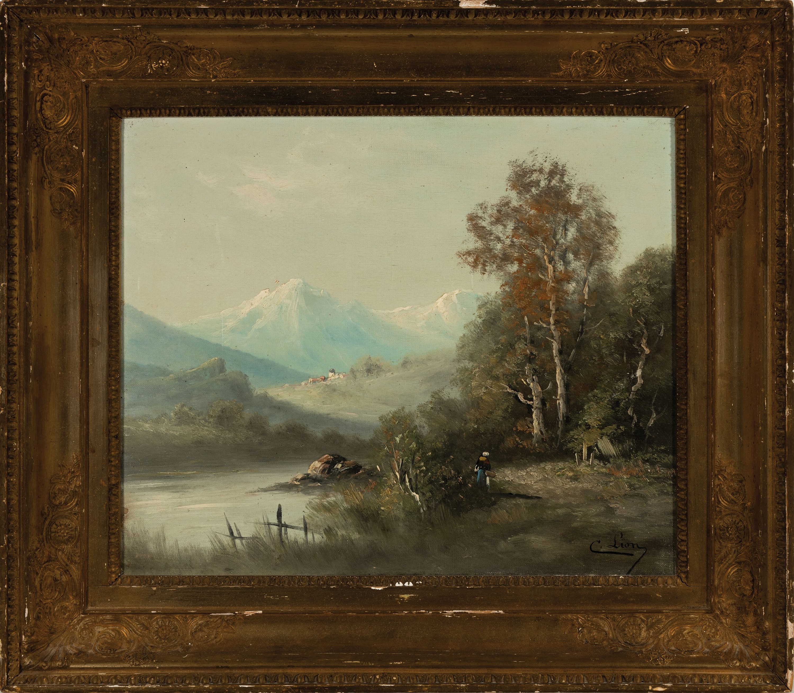 Detail k: C. Lion, Maler der 2. Hälfte des 19. Jh., postromantische Landschaft mit Bachlauf und Gebirge, Frau mit Korb am Waldrand, Öl/Lwd, rechts unten ...