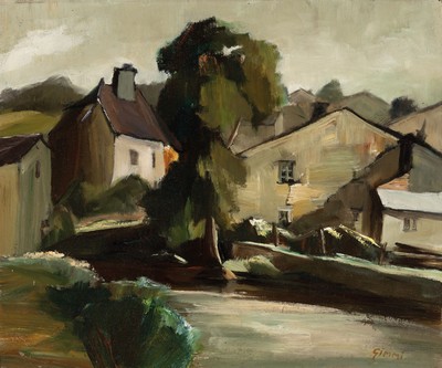 Image 26816588 - Wilhelm Gimmi, 1886 Zürich-1965 Chexbres, Blick über einen Fluss auf ein Dorf, ...