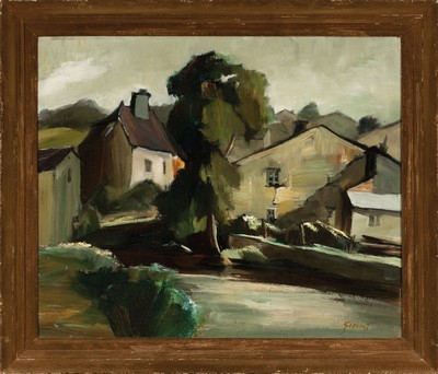 26816588k - Wilhelm Gimmi, 1886 Zürich-1965 Chexbres, Blick über einen Fluss auf ein Dorf, ...