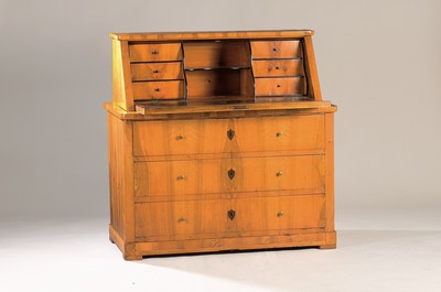 Image Biedermeier slanted flap secretary, around 1830, walnut veneer, three drawers, with ...