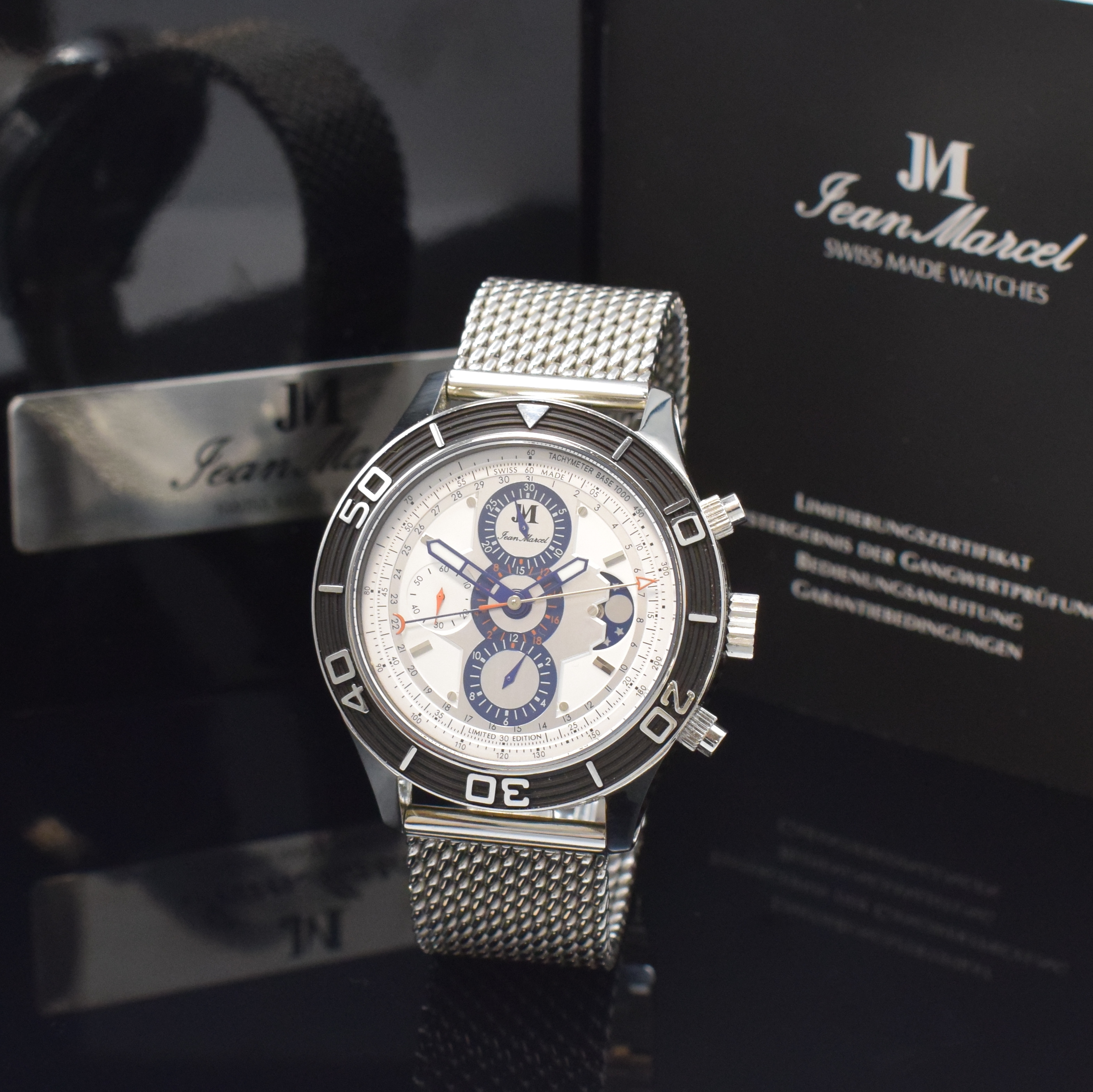 JEAN MARCEL Mythos auf 100 Stück limitierter Armbandchronograph in Stahl, Schweiz um 2020, Automatik, orig. Stahlband m. dopp. Faltschl., beids. ...
