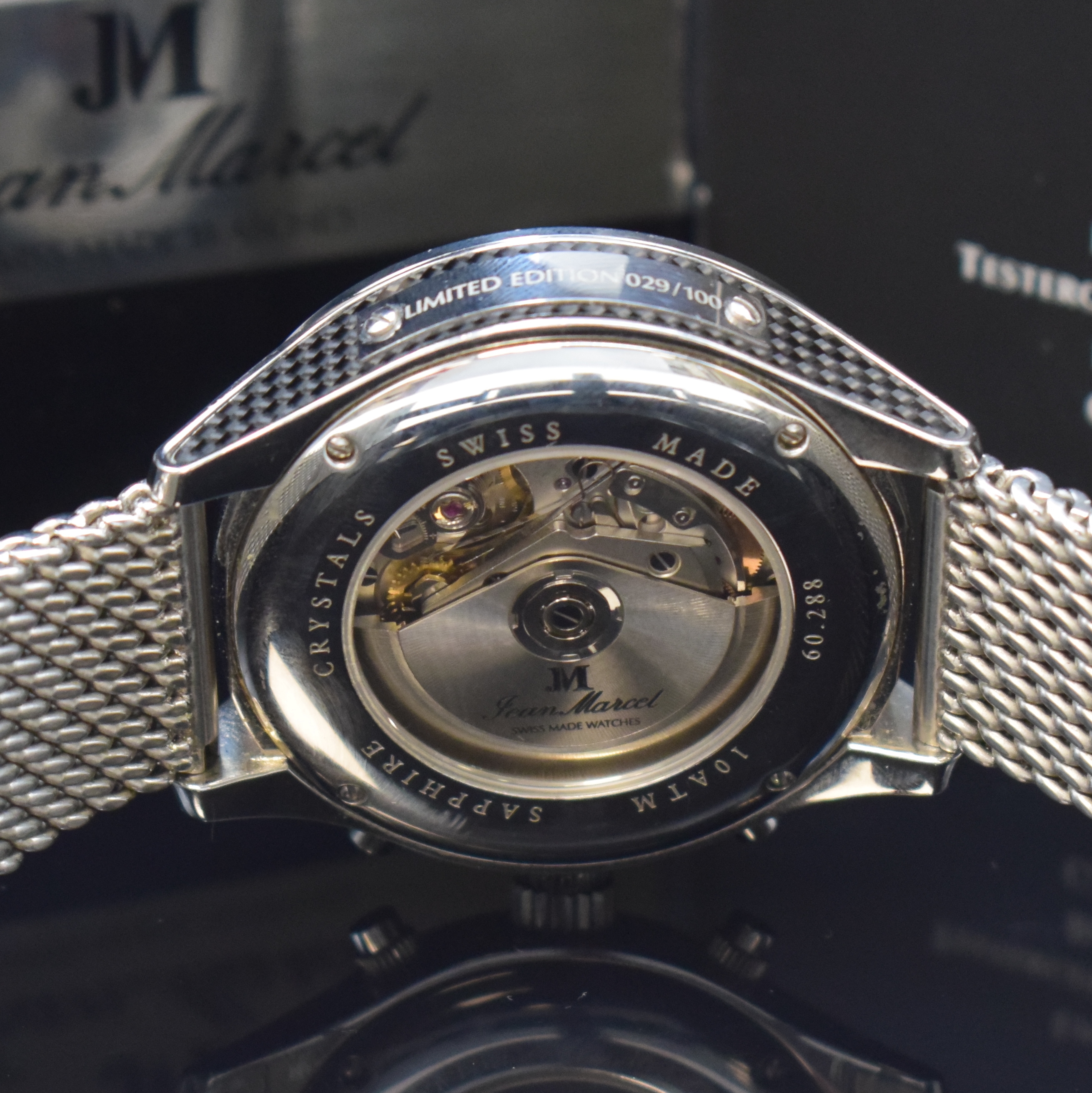 Detail f: JEAN MARCEL Mythos auf 100 Stück limitierter Armbandchronograph in Stahl, Schweiz um 2020, Automatik, orig. Stahlband m. dopp. Faltschl., beids. ...