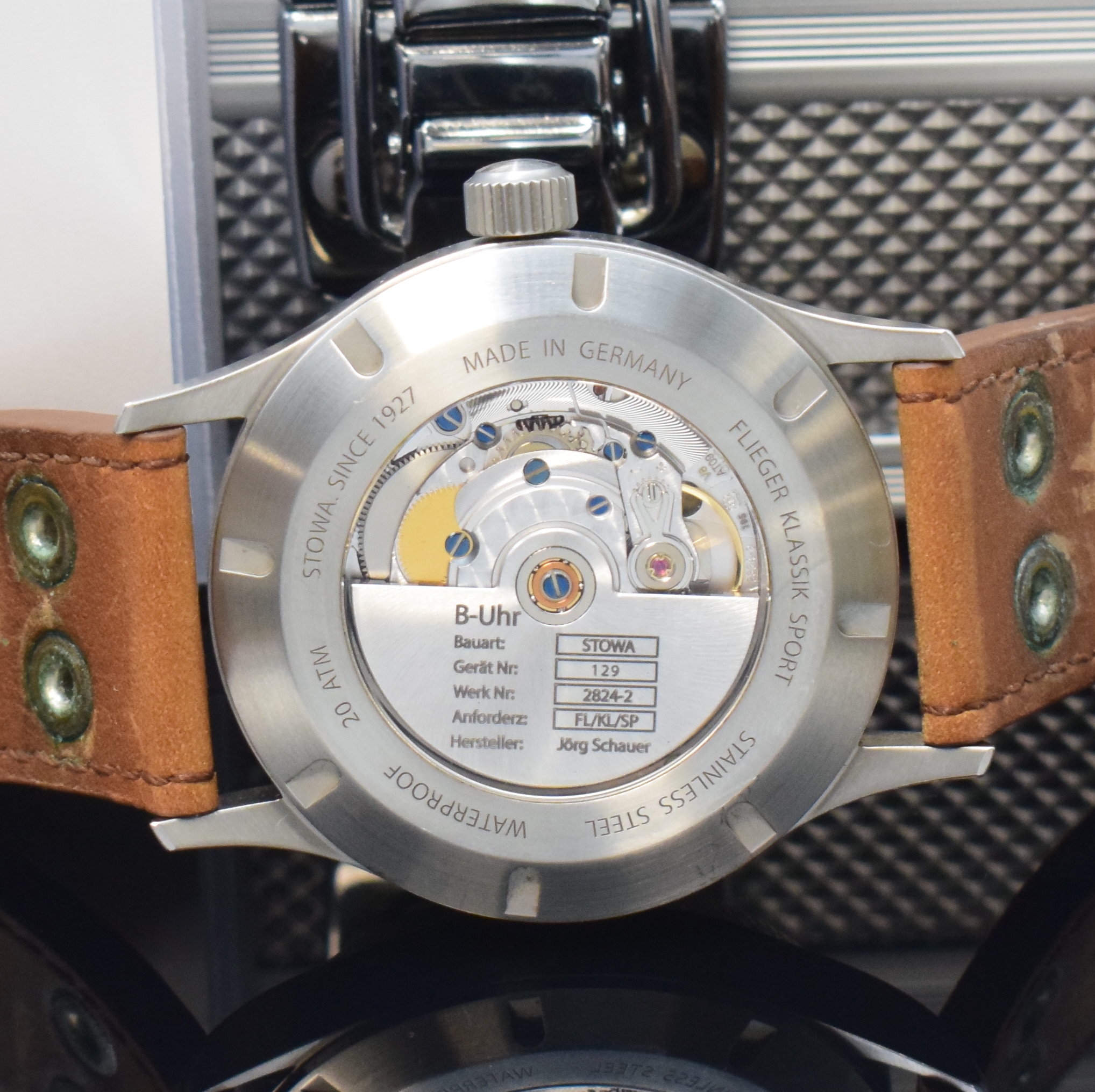 Detail d: STOWA Flieger Klassik Sport Herrenarmbanduhr in Stahl, Deutschland verk. lt. beil. Pap. 02/2017, Automatik, beids. vergl. Geh. inkl. orig. Lederband ...