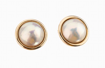 Image Pair of 14 kt gold mabepearl earrings , YG 585/000, 2 l. rosecoloured mabepearls, very ...