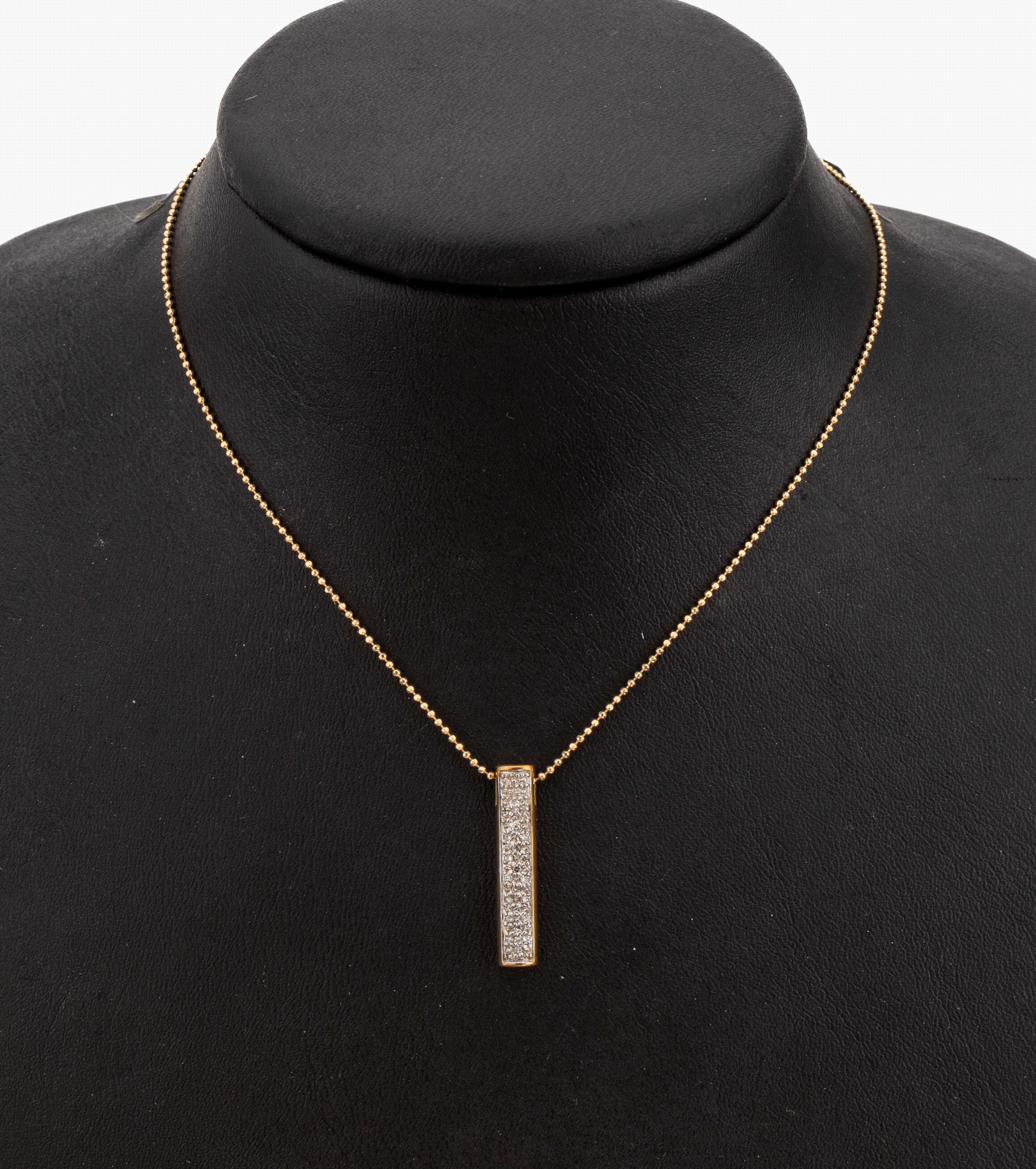 8 kt Gold Diamant-Anhänger, GG 333/000, länglicher Stab mit kl. 8/8-Diamanten, an Kugelkette, GG 585/000, L. ca. 43 cm, Federringschliesse, ca. ...