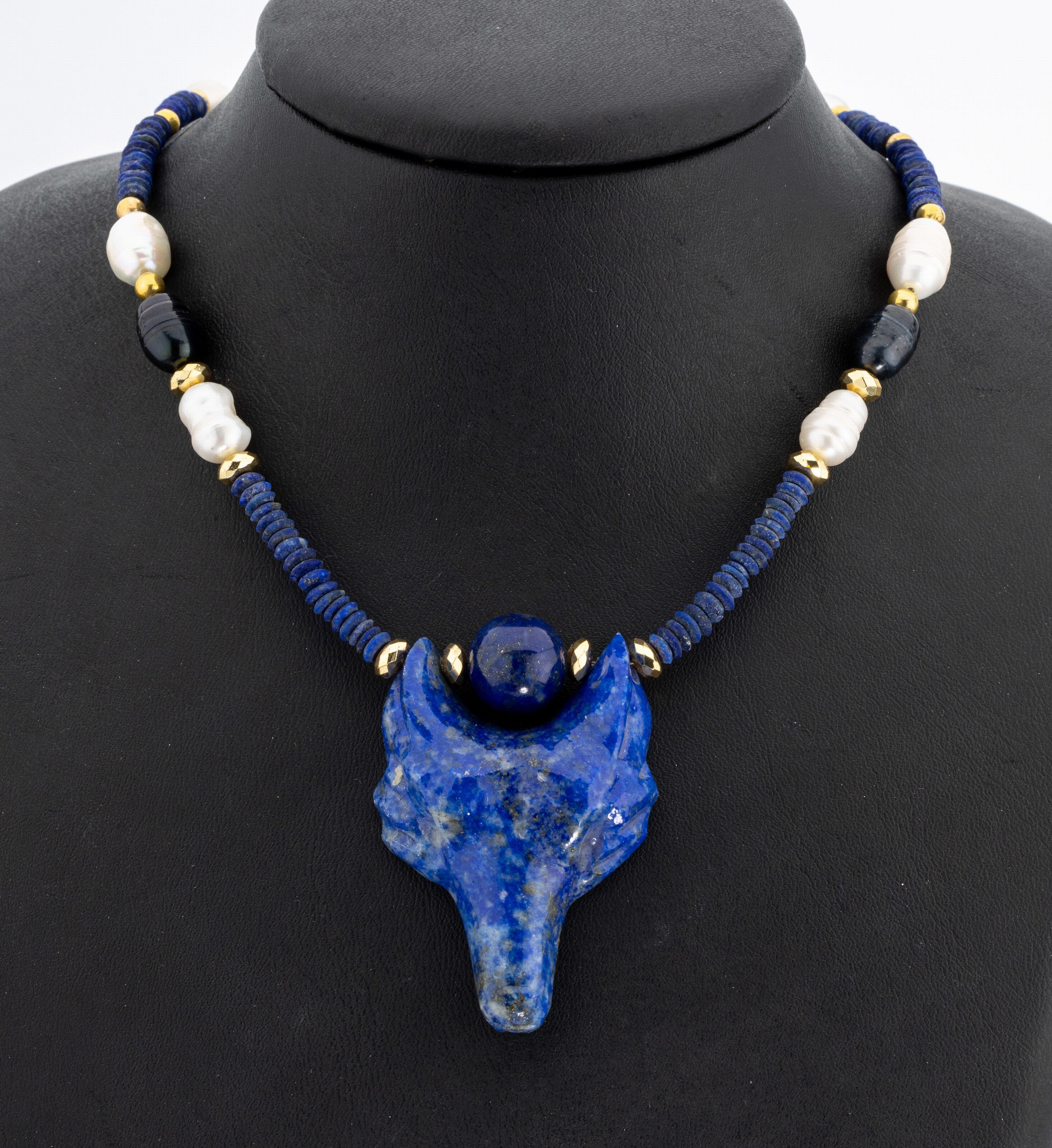 Lapislazuli-Perl-Collier "Fuchs", 925er Silber verg., kl. Lapislazuli-Rondelle, Zwischenglieder aus unrunden Zuchtperlen weiß und ...