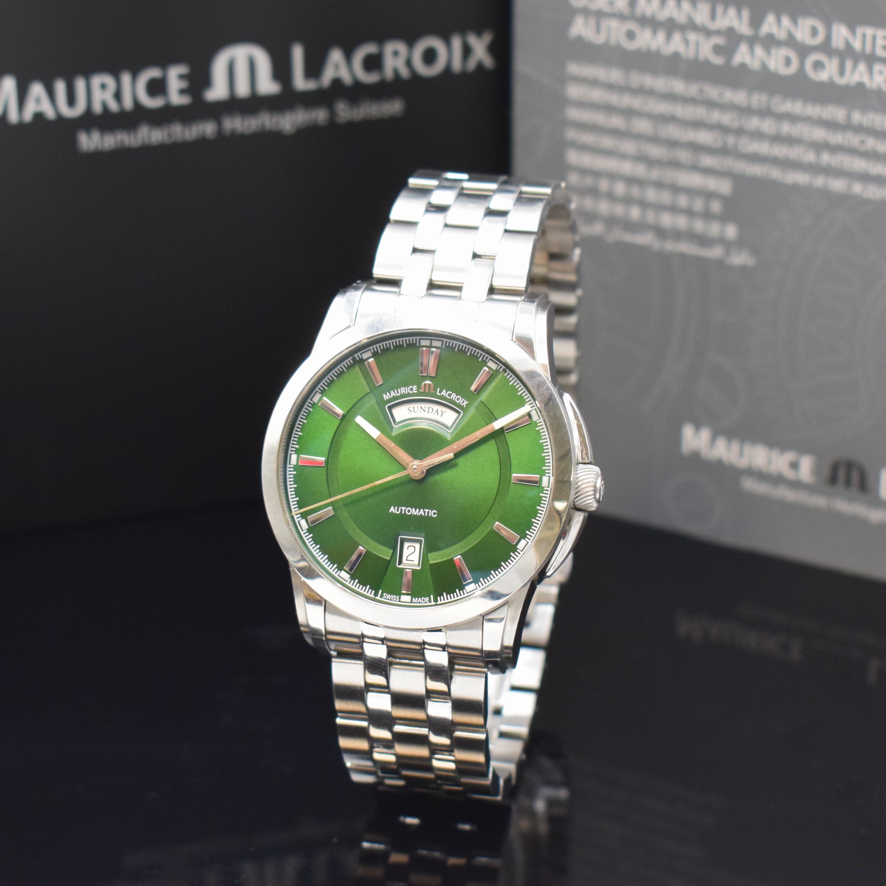 MAURICE LACROIX Pontos Herrenarmbanduhr mit Tag/Datum in Stahl/Stahlband, Schweiz lt. orig. Pap. verk. 8/2020, Automatik, beids. vergl. Geh., Boden ...