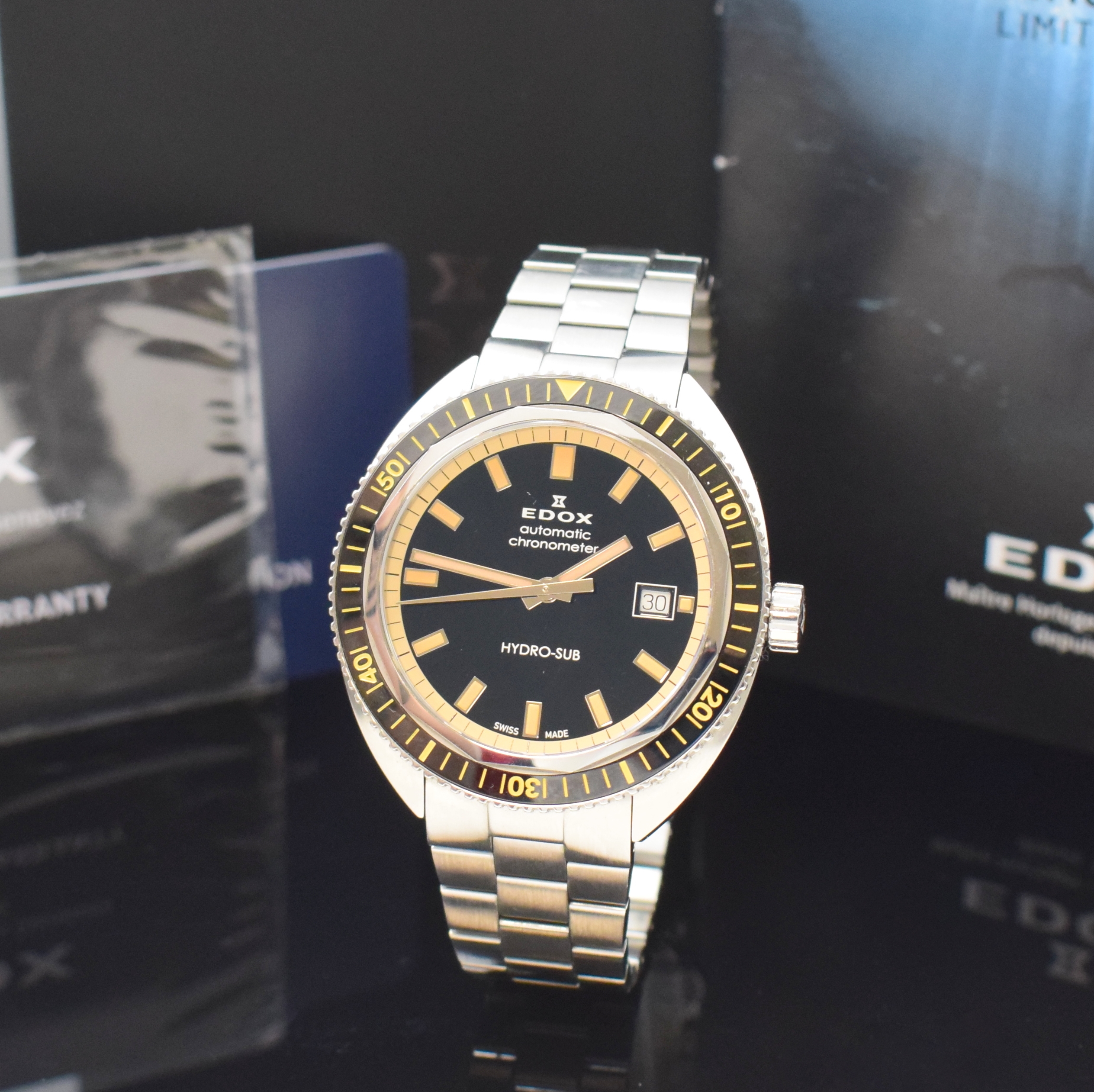 EDOX Hydro-Sub 1965 auf 500 Stück limitierte Herrenarmbanduhr in Stahl/Stahlband Referenz 80128, Schweiz um 2020, Automatik, Band m. dopp. ...