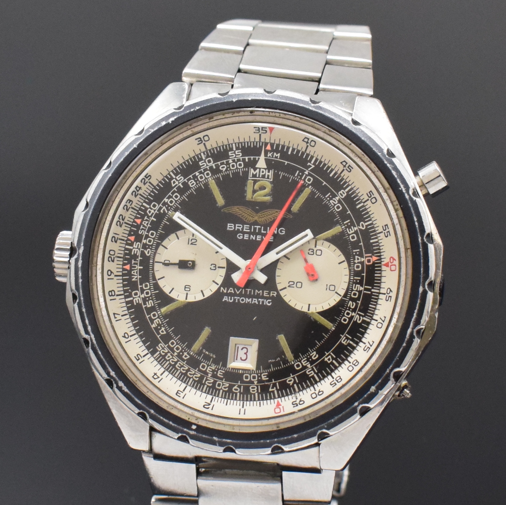Detail a: BREITLING Navitimer Fliegerchronograph der irakischen Luftwaffe in Stahl/Stahlband Referenz 1806, Schweiz um 1977, Automatik, verschr. Geh., Boden m. ...
